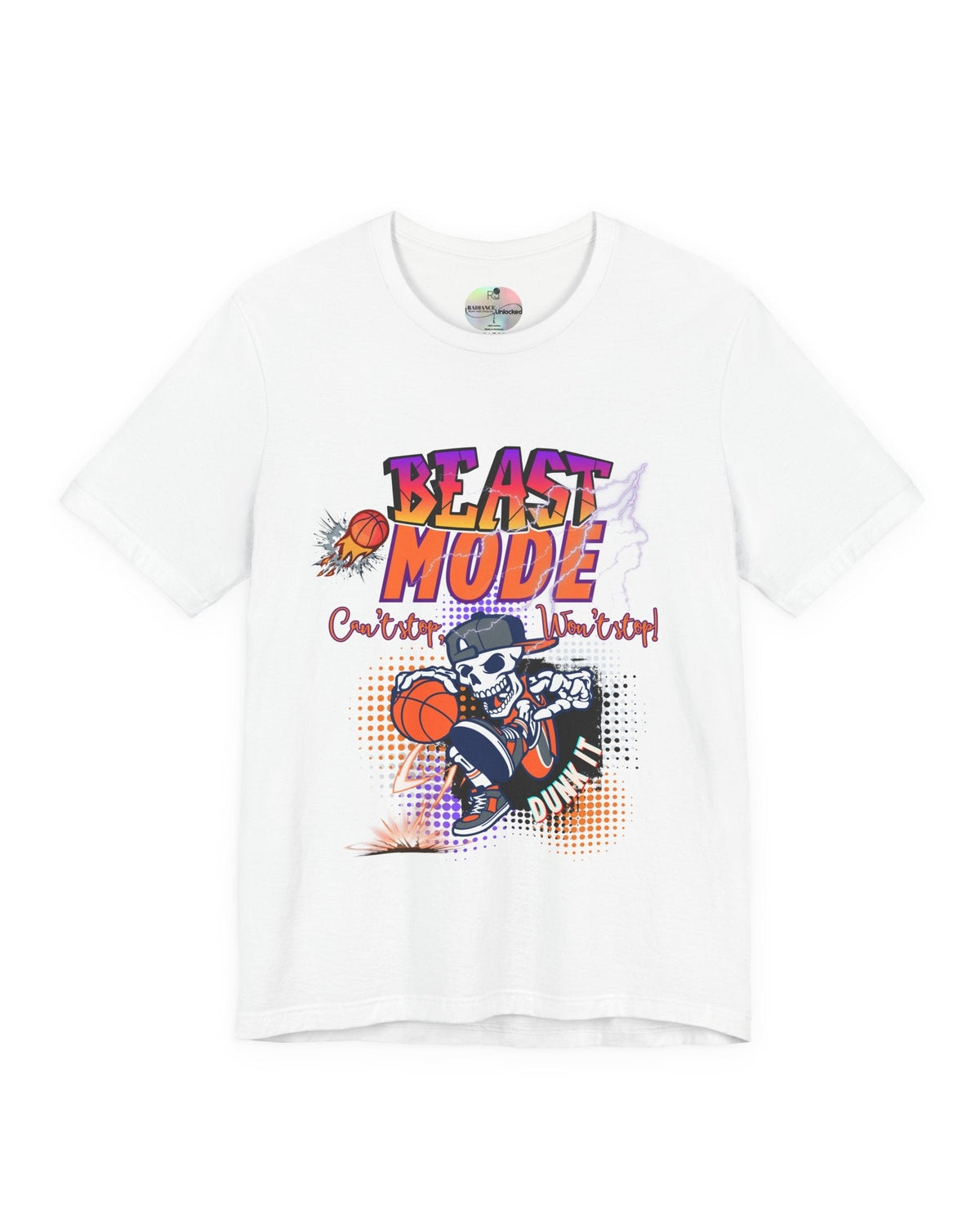 White t-shirt with 'Beast Mode Cant Stop Wont Stop' basketball graphic design featuring a skeleton holding a basketball on a white background.