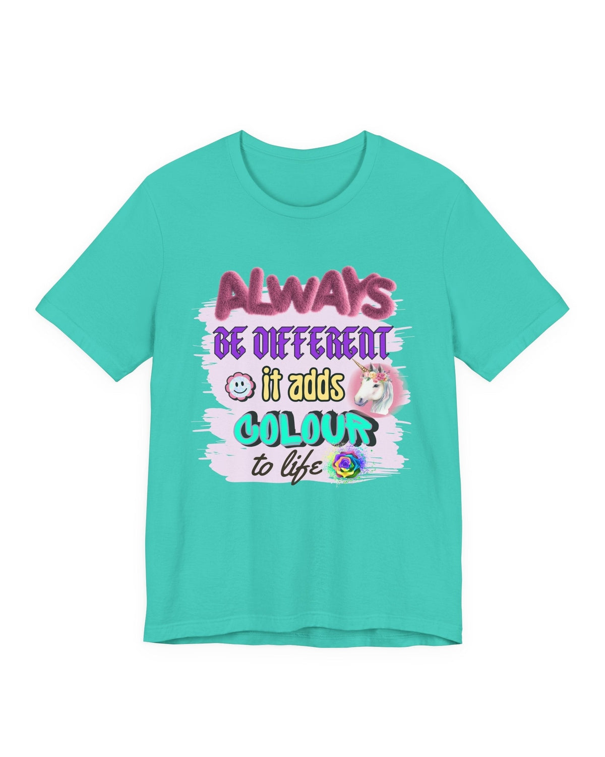 Turquoise t-shirt with colorful positive vibes text and graphics on a white background