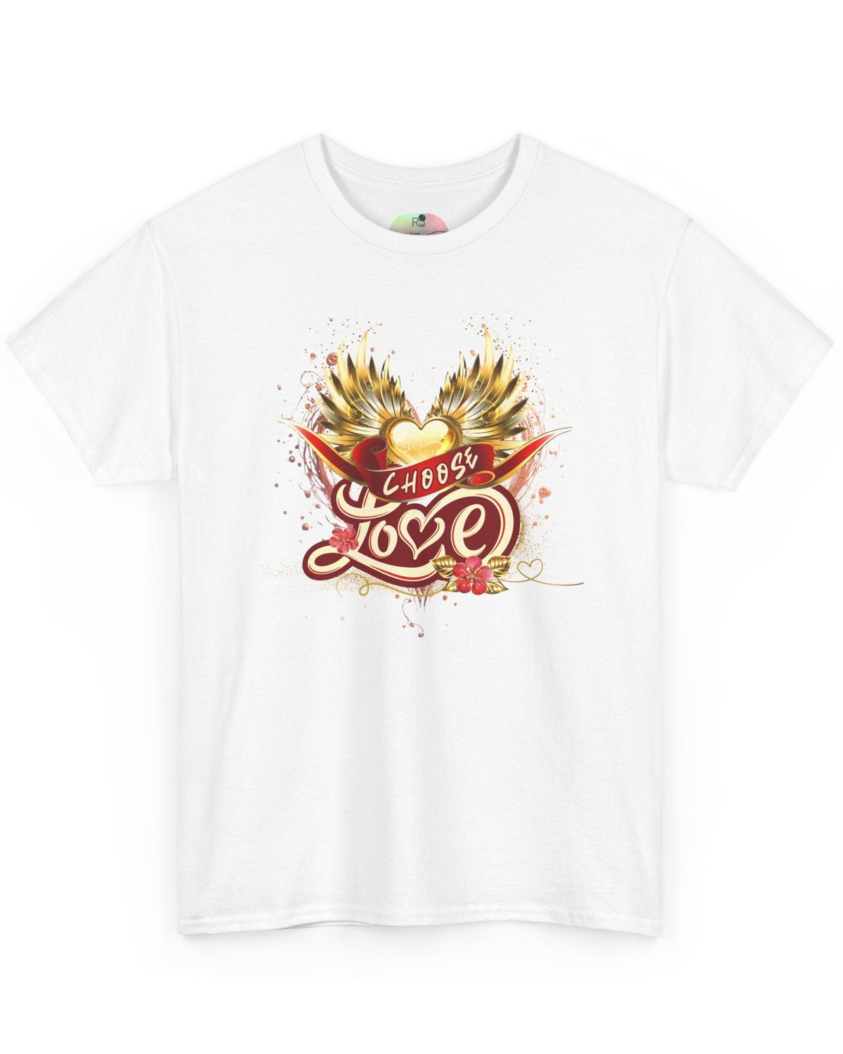 White t-shirt with a colorful 'choose Love' design and wings, heart and ribbon graphics on a white background