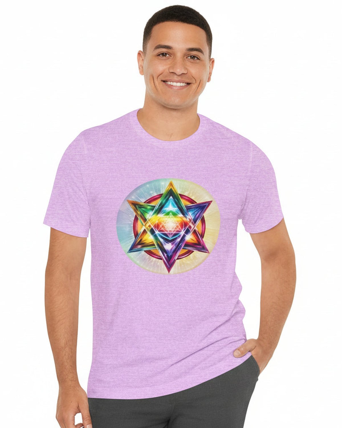 Man wearing a purple t-shirt with a colorful Merkaba design on a white background