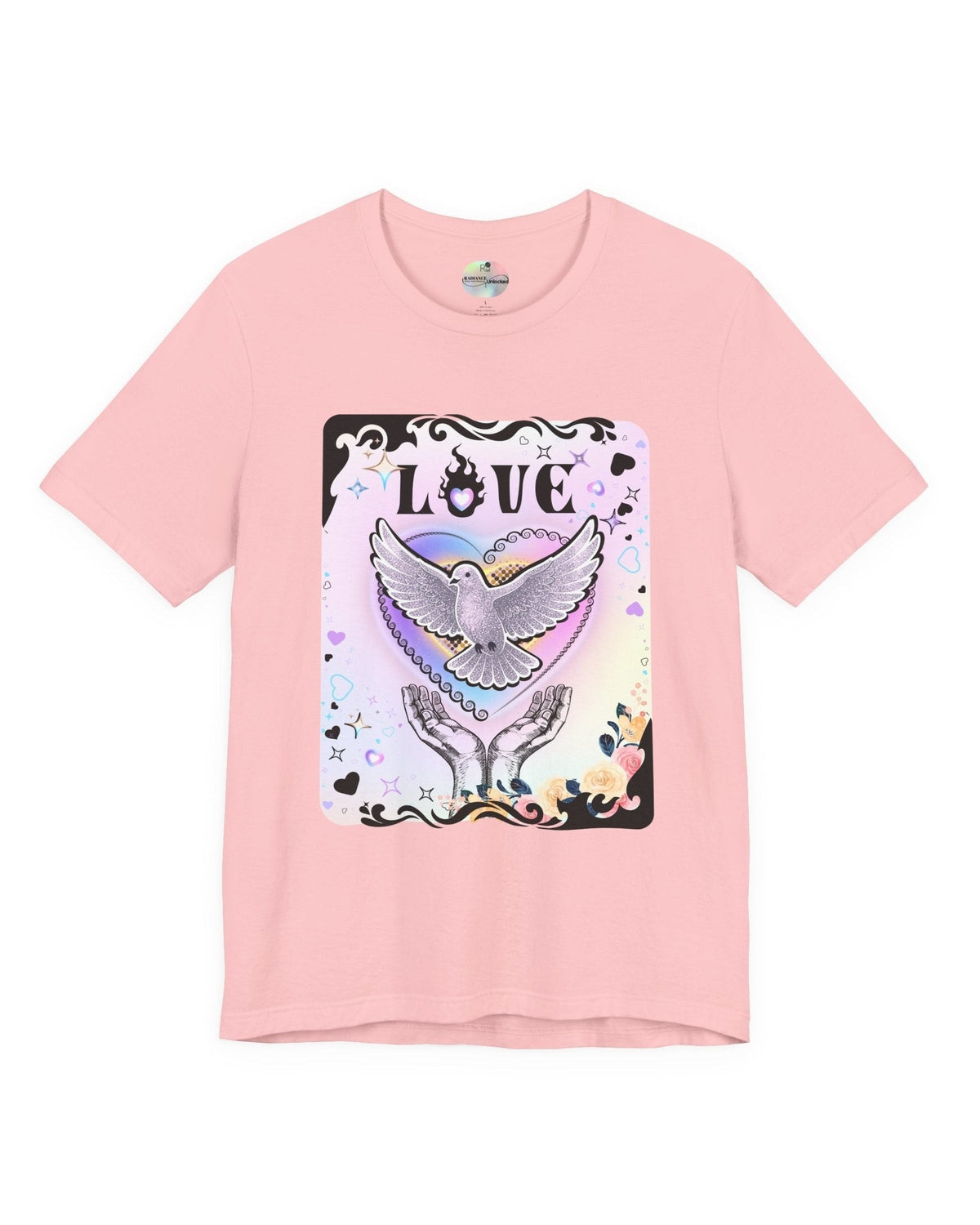 Coral pink tshirt with vibrant pink and purple pastel colours, flowers and a pigeon in rainbow heart coming out of hands with the text Love on a white background 