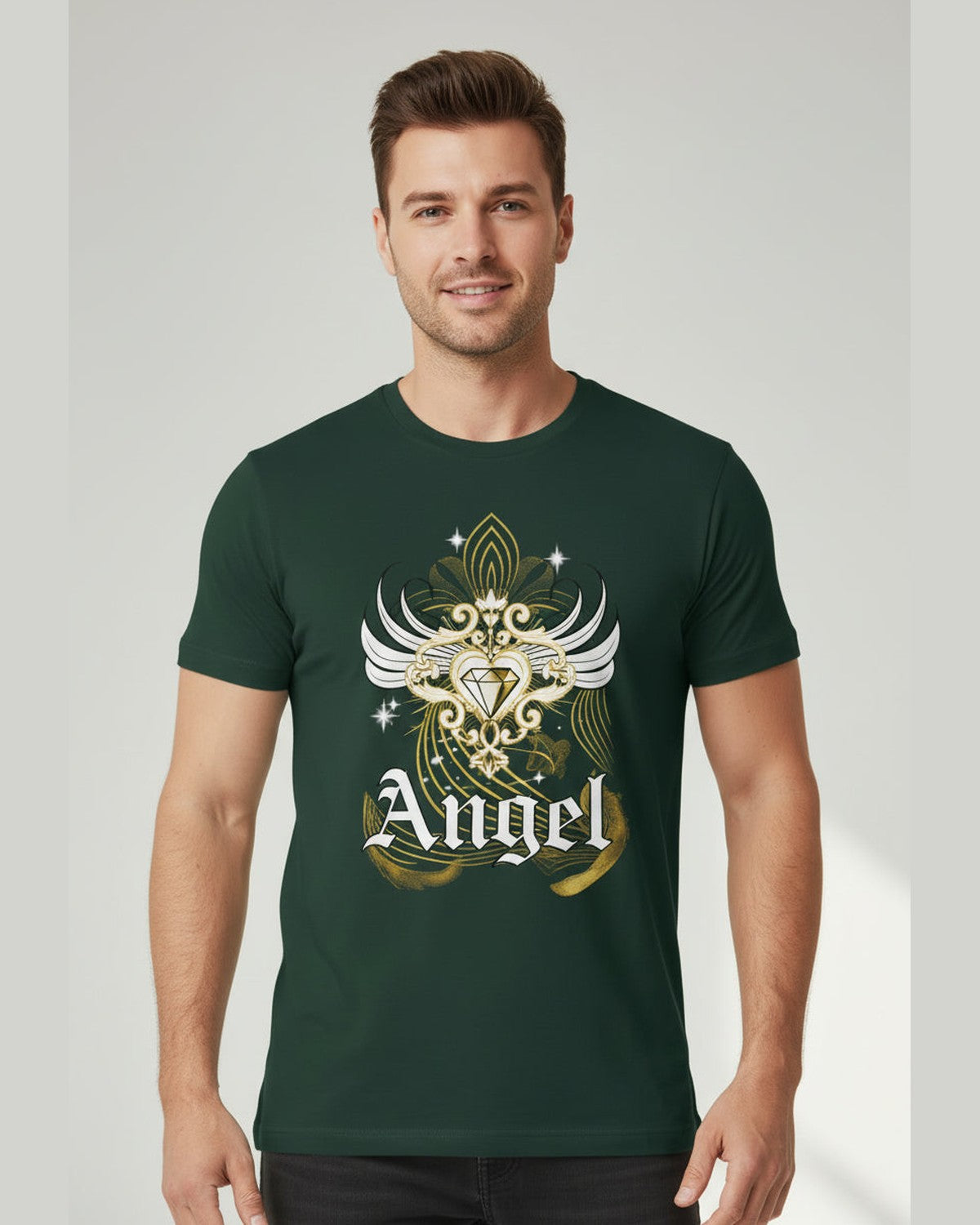 Man wearing Green winged t-shirt with gold diamond and 'Angel' text on a white background