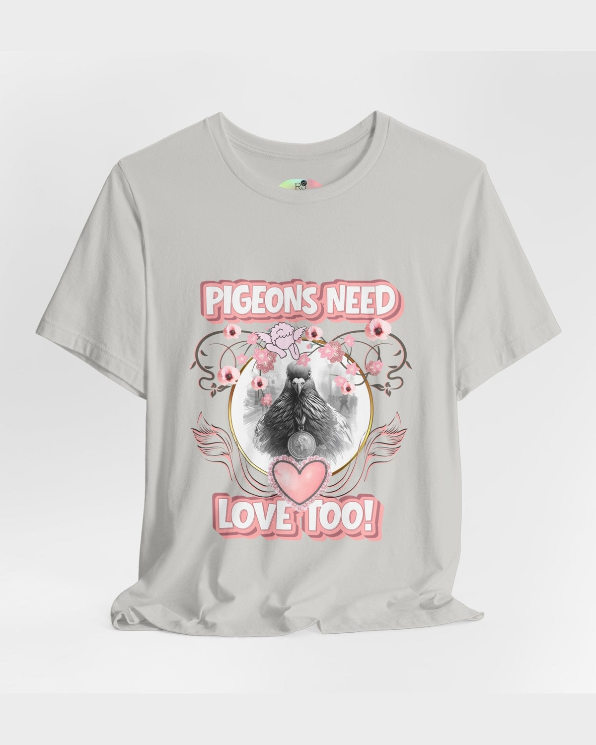 Grey t-shirt with a graphic of a pigeon and text 'Pigeons Need Love Too!' on a white background