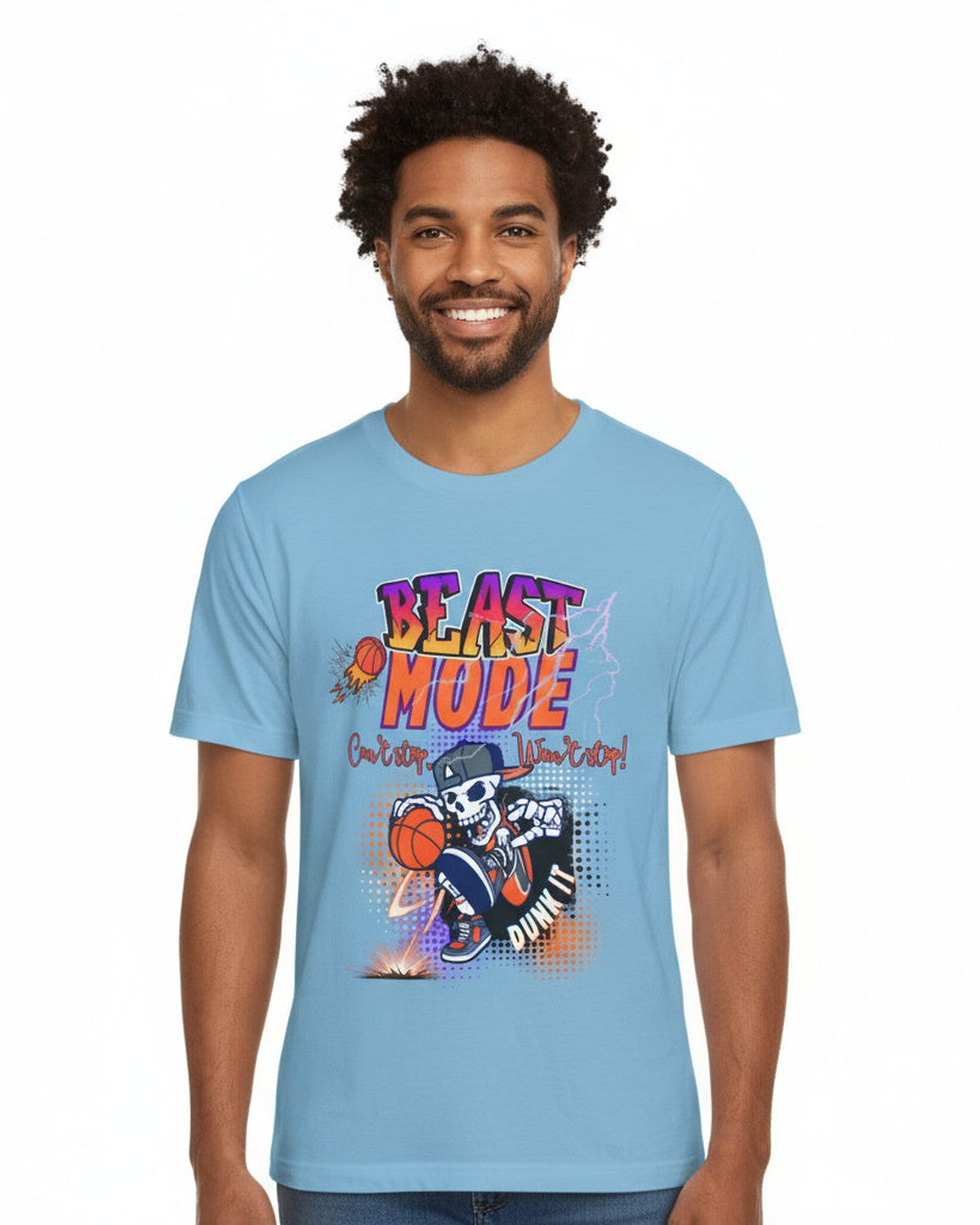 Man wearing a blue t-shirt with a motivational text 'Beast Mode Cant Stop Wont Stop' graphic design on a white background