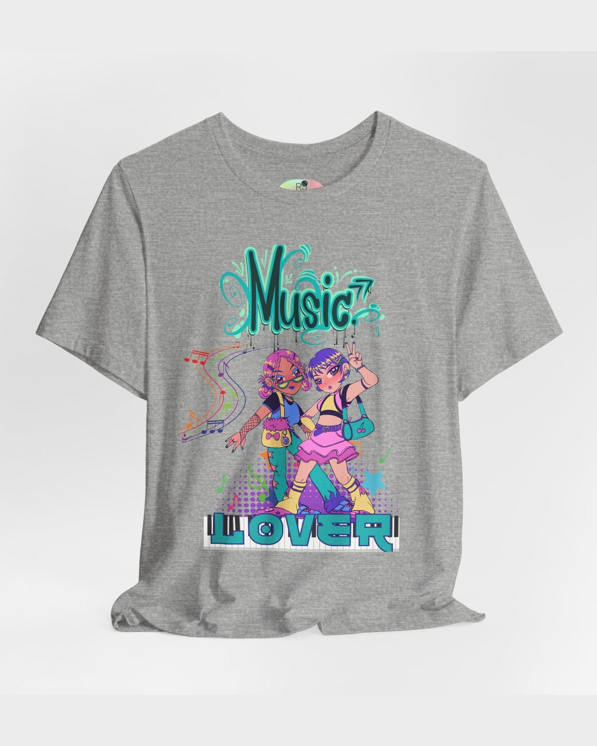 Gray t-shirt with 'Music Lover' graphic design featuring two dancing Anime girls on a white background