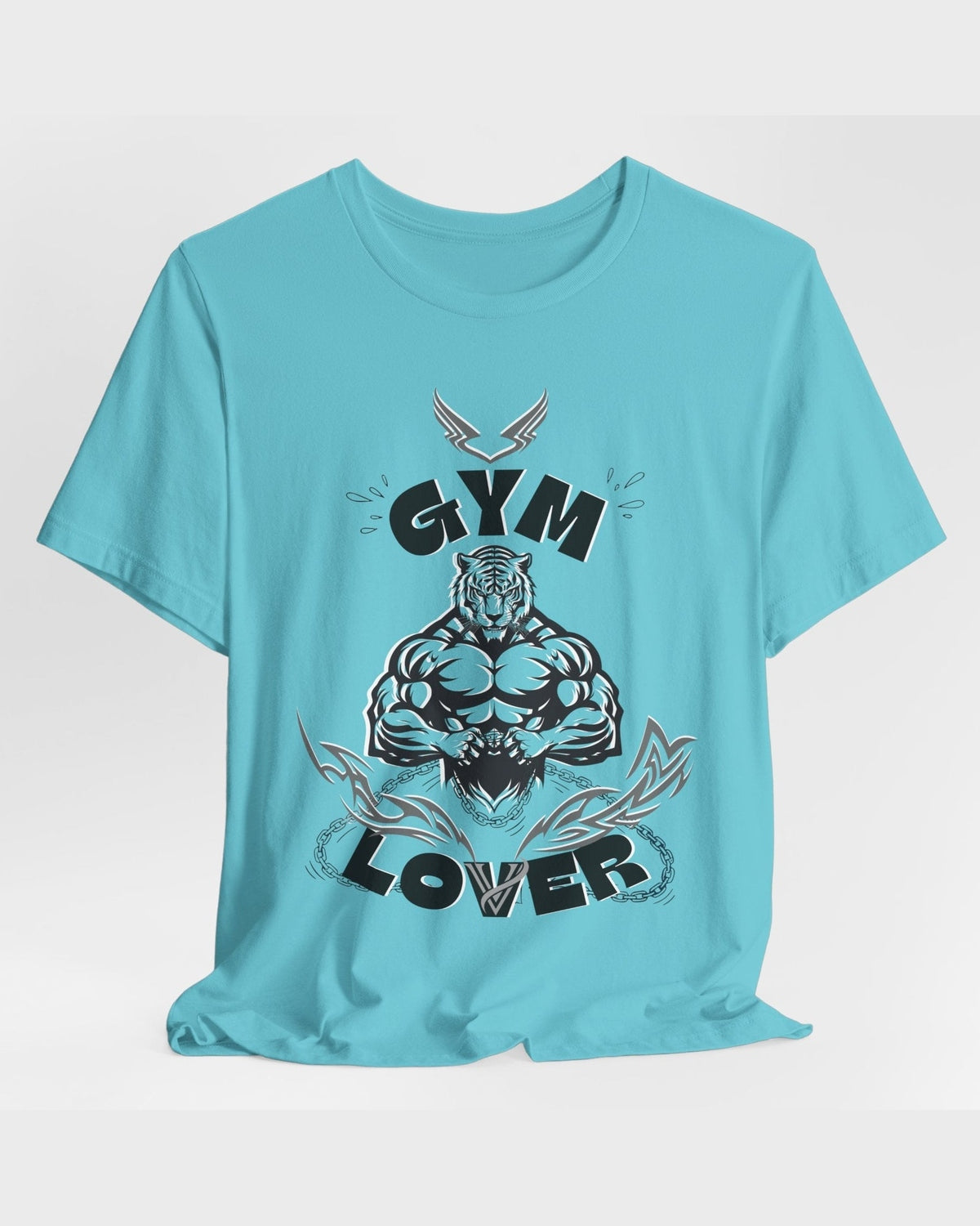 Turquoise t-shirt with 'Gym Lover' graphic design on a white background