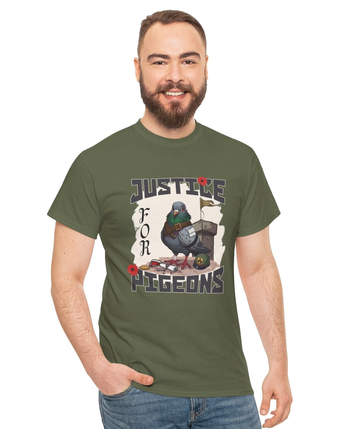 Man wearing a green t-shirt with a graphic Pigeon tribute design and text on a white background