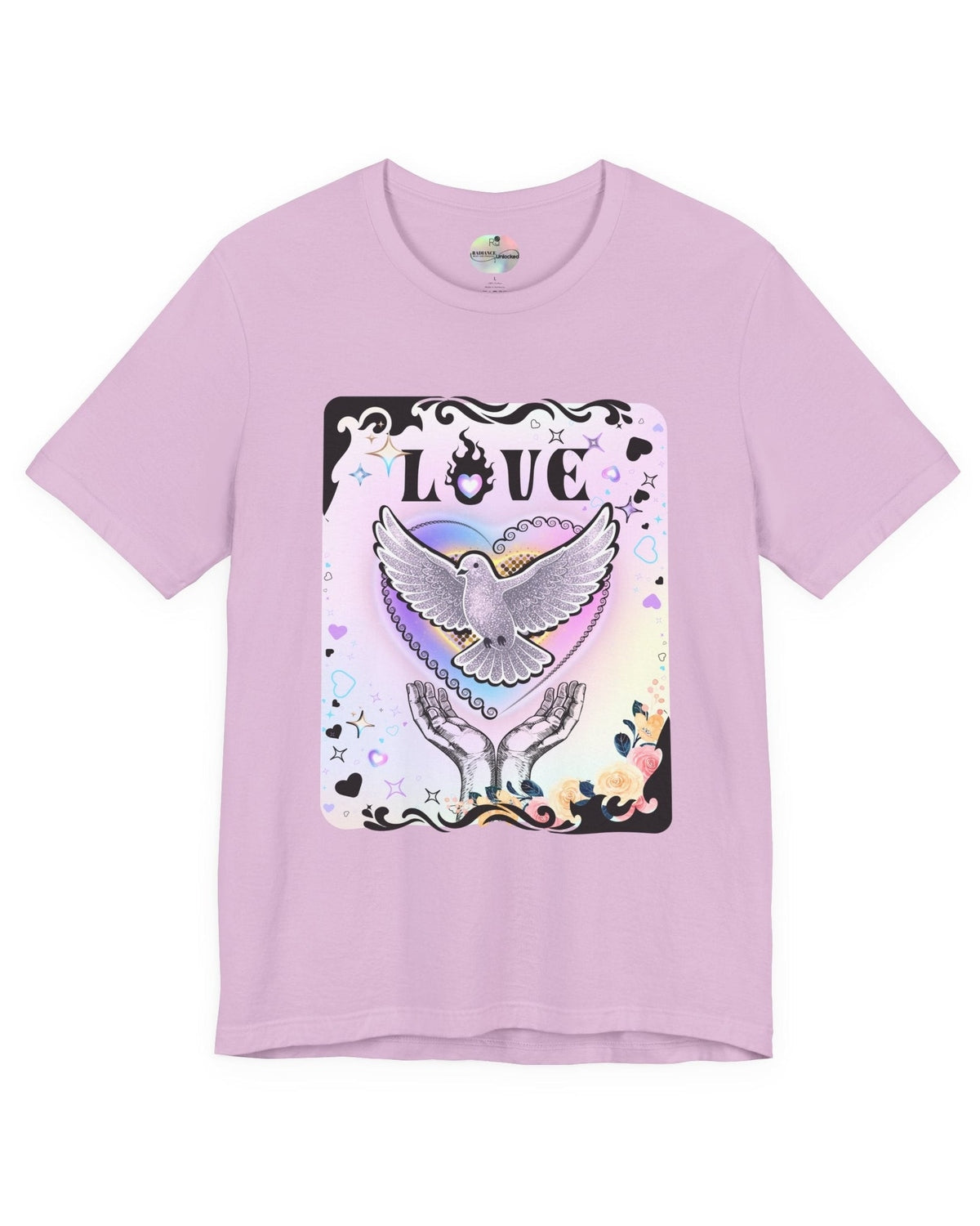 Lilac tshirt with vibrant pink and purple pastel colours, flowers and a pigeon in rainbow heart coming out of hands with the text Love on a white background 