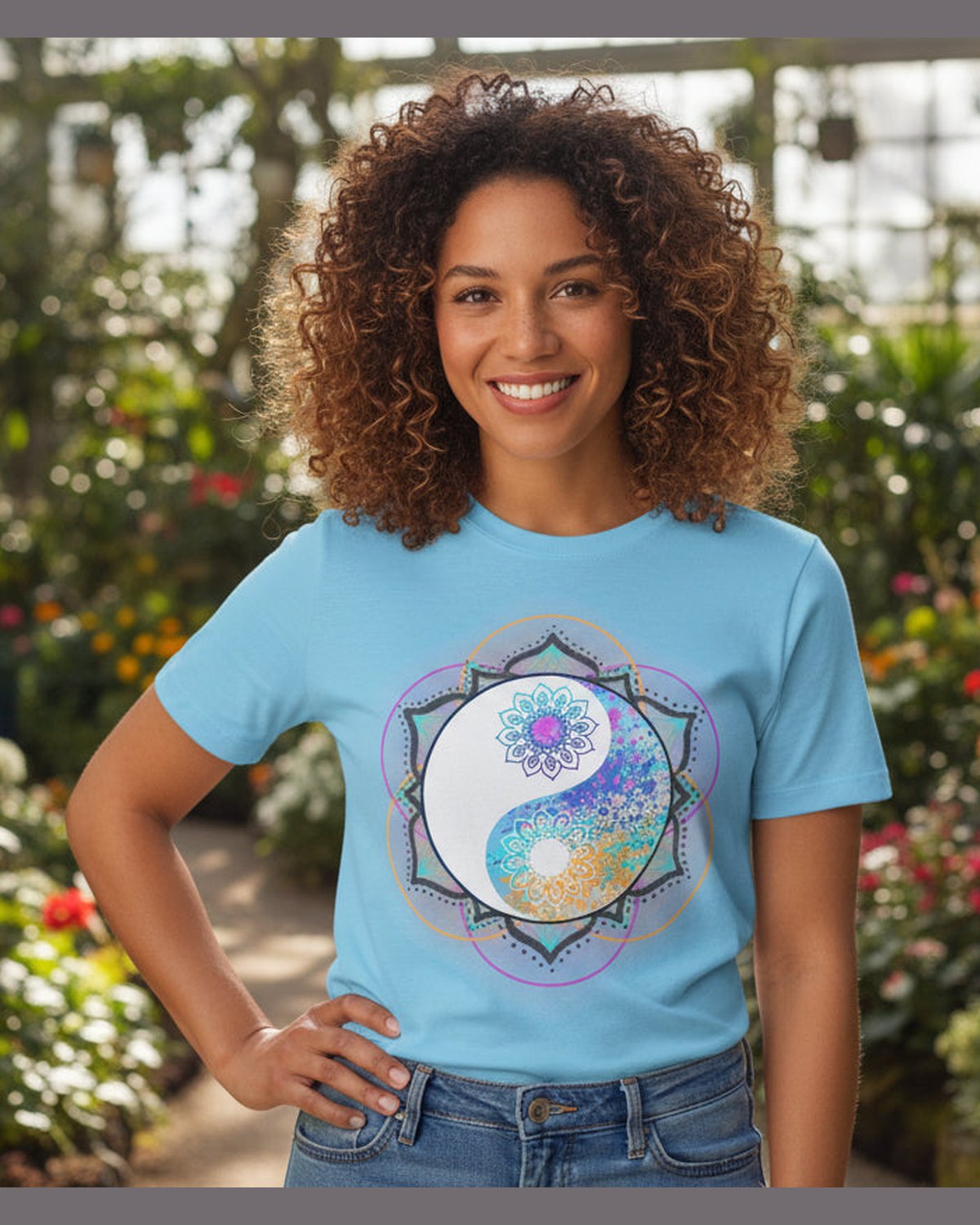 Woman wearing a blue t-shirt with a colorful floral yin yang mandala design, posing in a floral shop?