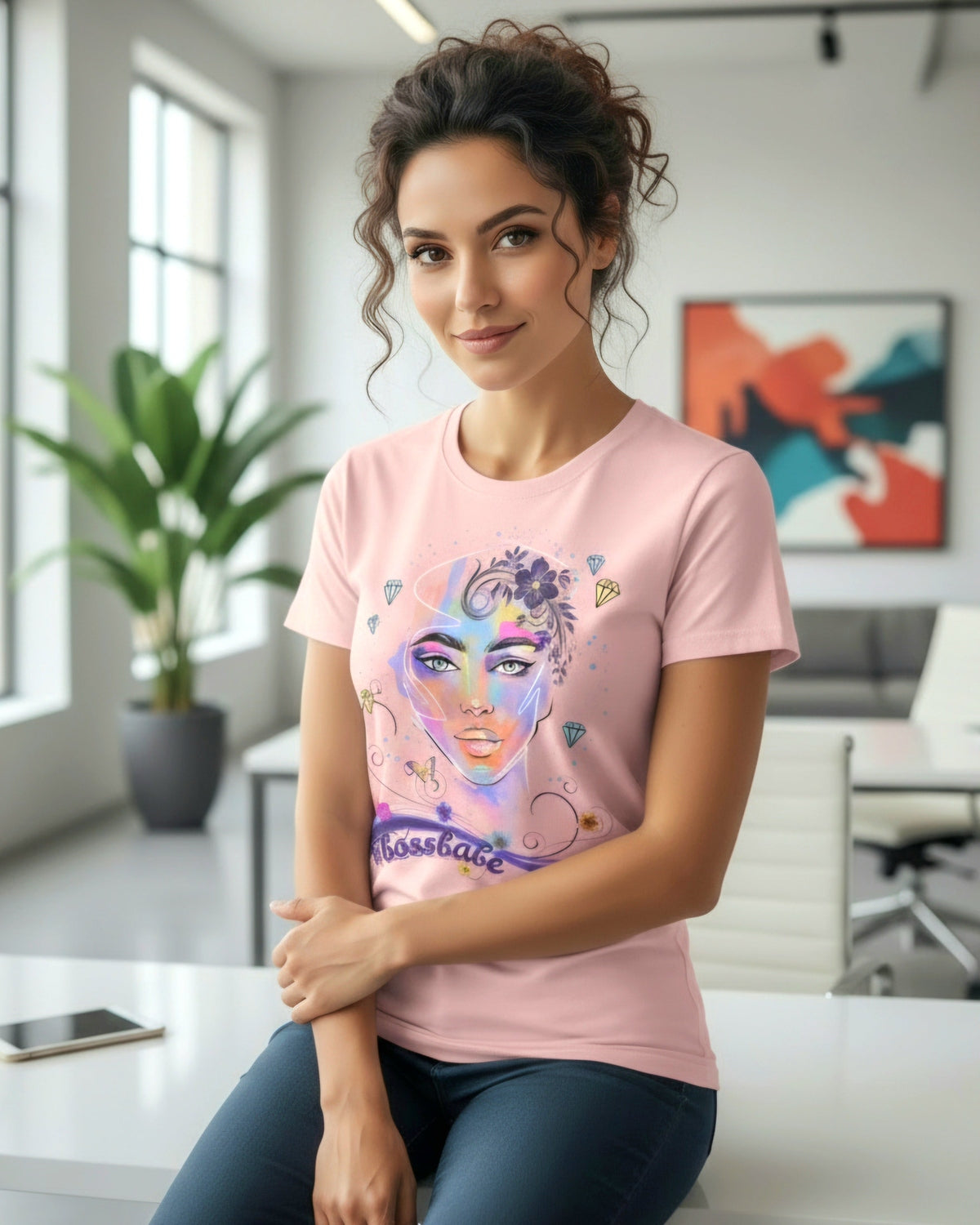 Woman wearing a pink t-shirt with a colorful graphic design of a female face, diamonds and flowers and a text #bossbabe sitting on a desk in an office 