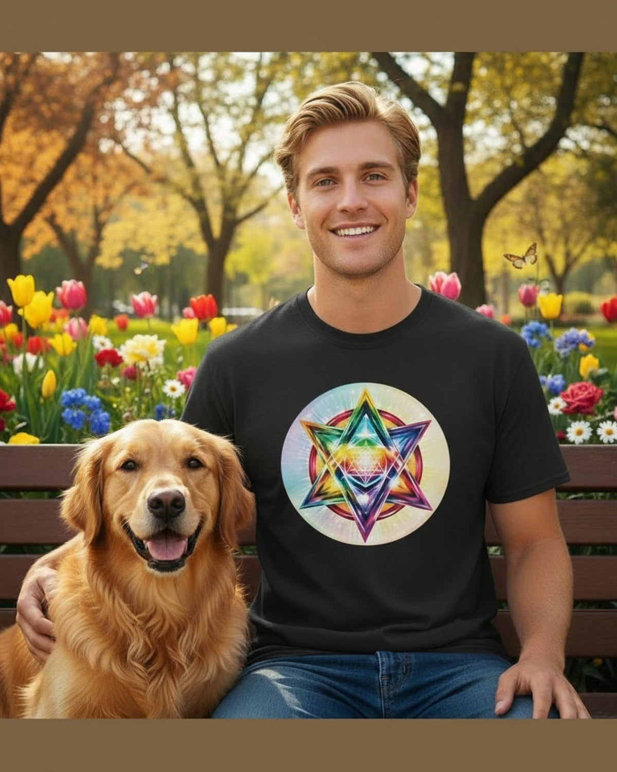 Man sitting on a bench with a dog, both smiling, with a colorful Merkaba design on the man's shirt and flowers in the background.