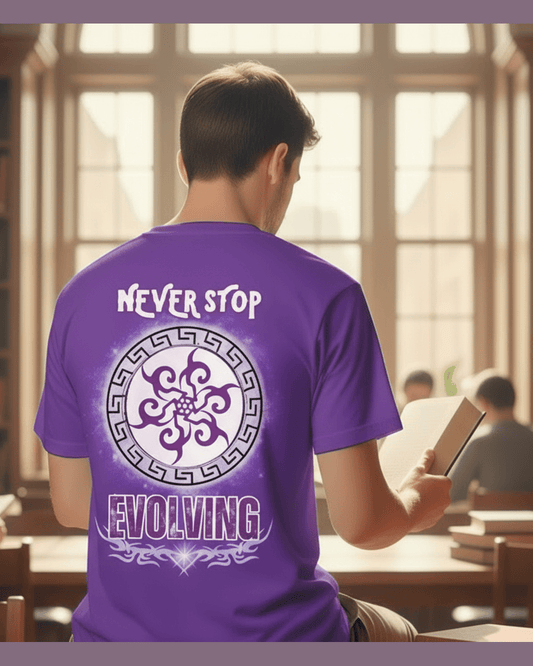 Person wearing a purple t-shirt with 'Never Stop Evolving' design on the back sitting on a table at a library 
