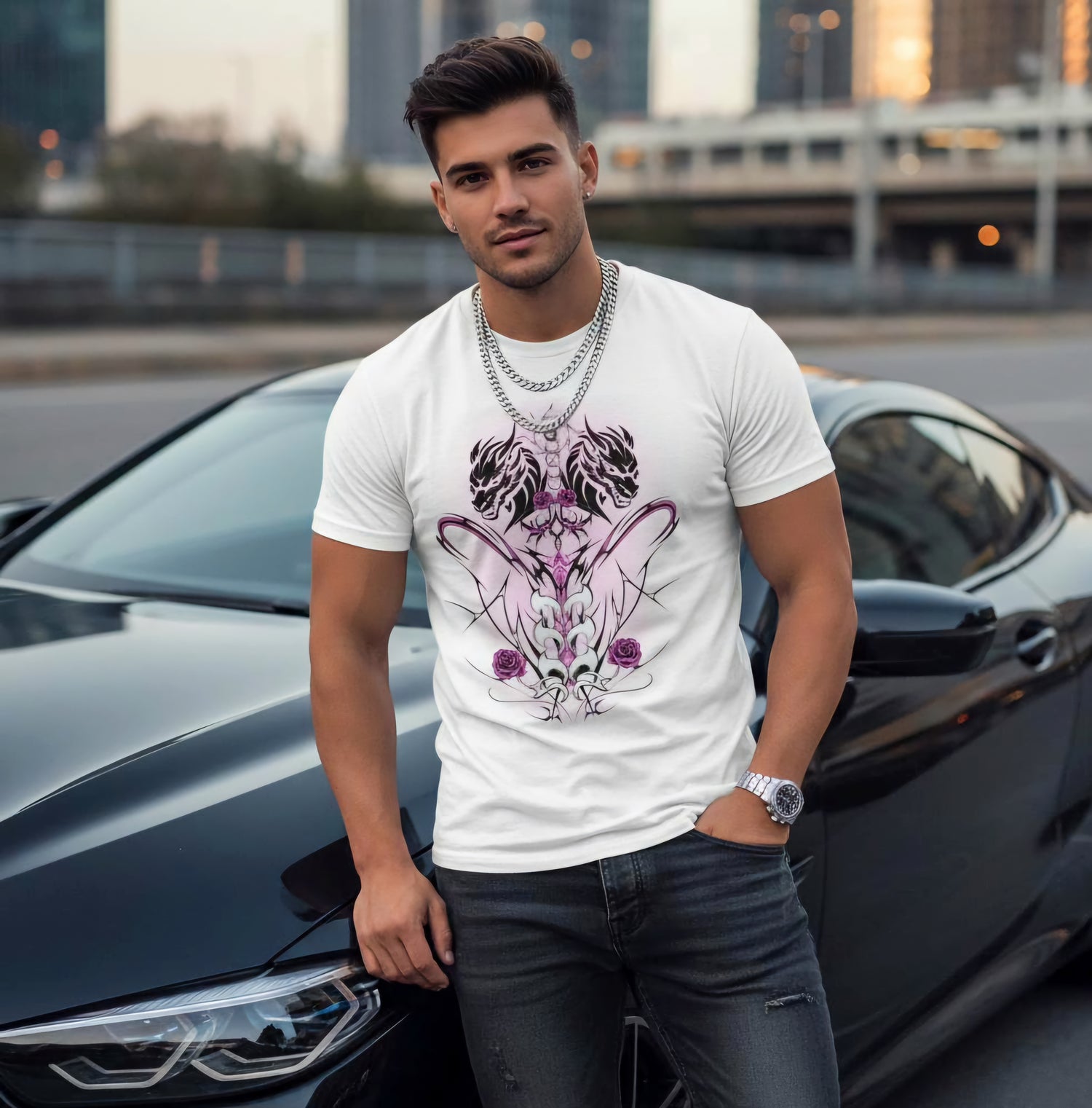 Man wearing a white t-shirt with a Beasts and roses graphic design, standing next to a car in an urban setting.