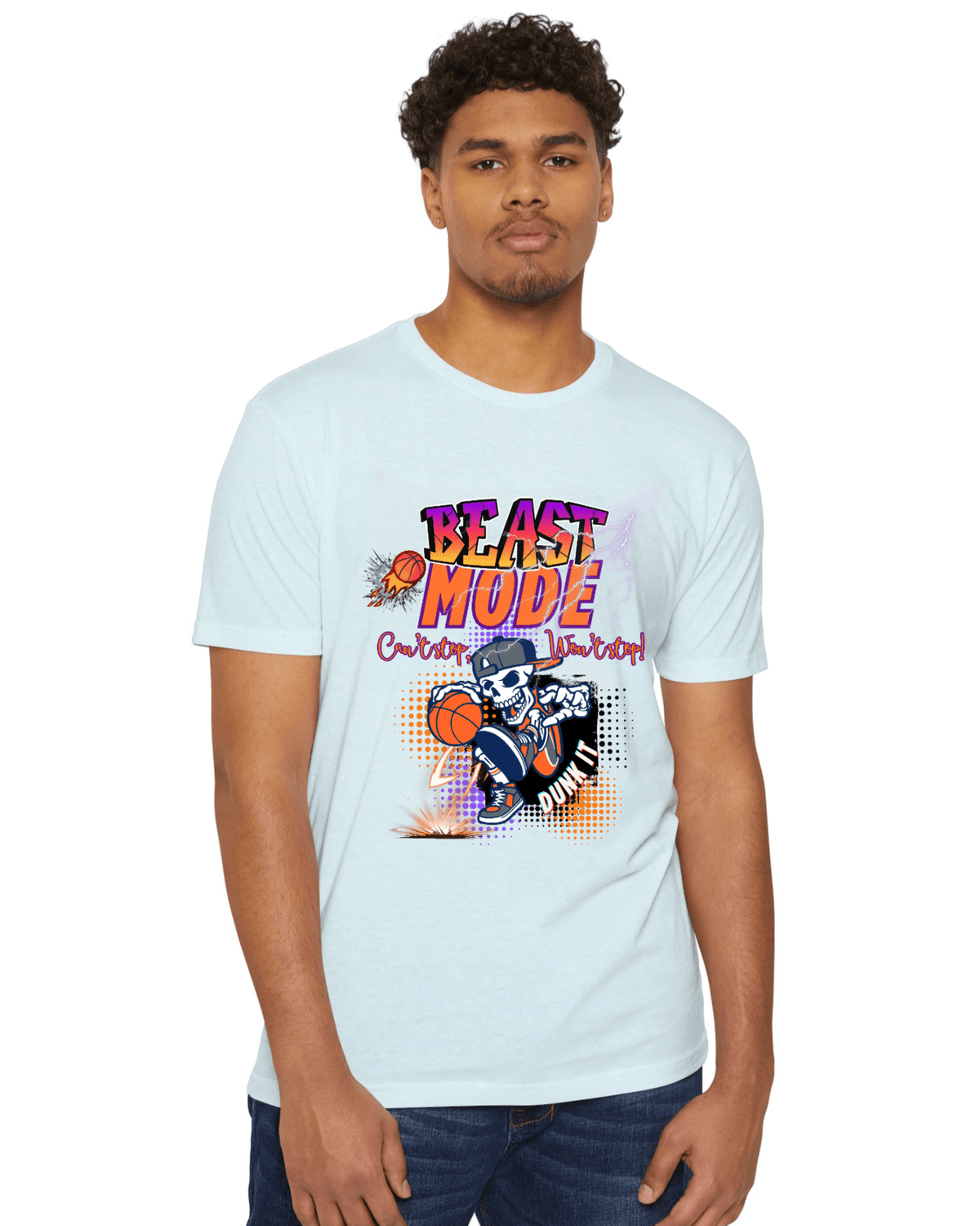 Man wearing a light blue t-shirt with 'Beast Mode Cant Stop Wont Stop' graphic design on a white background