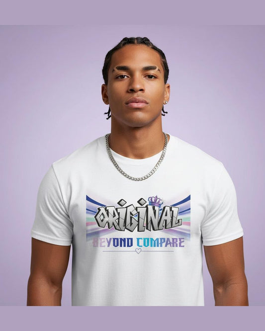 Man wearing a white t-shirt with 'Original Beyond Compare' text on a purple background