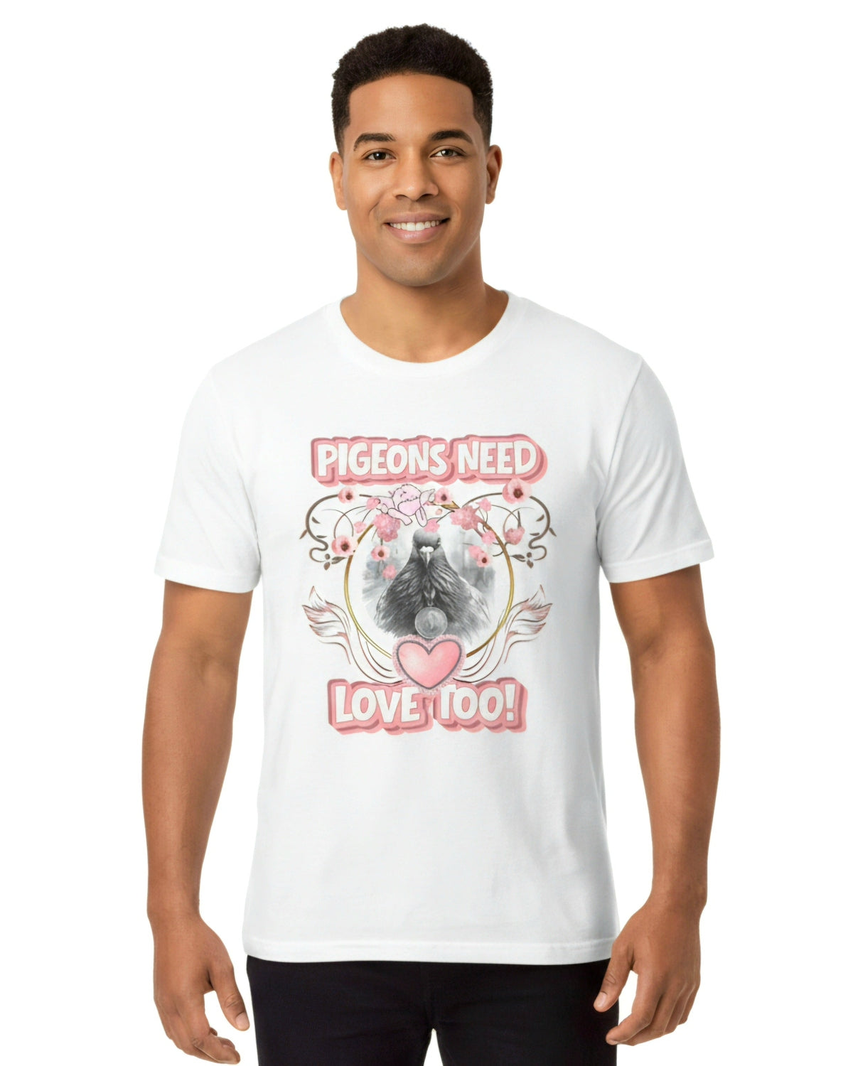 Man wearing a white t-shirt with a graphic design and a text Pigeons need love too on a white background