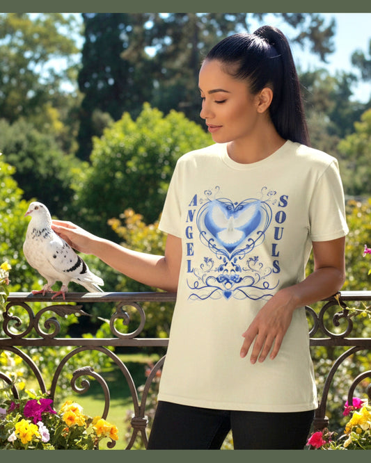 Woman wearing a yellow tshirt stroking a white pigeon on a balcony