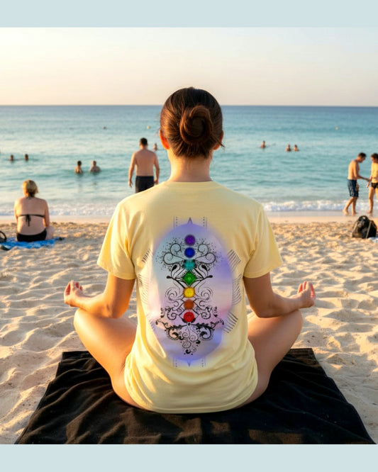 Woman is wearing a Yellow chakra shirt sitting in a lotus position on the beach