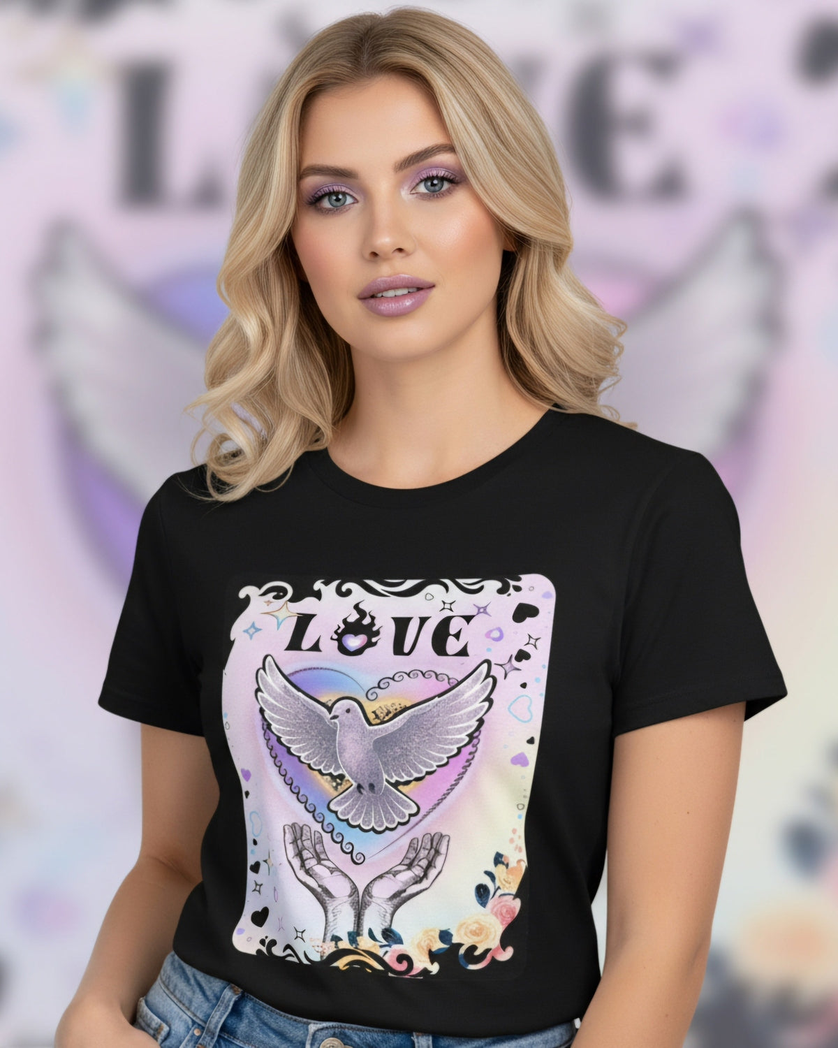 Woman wearing a black tshirt with vibrant pink and purple pastel colours, flowers and a pigeon coming out of hands with the text Love on a colorful background 
