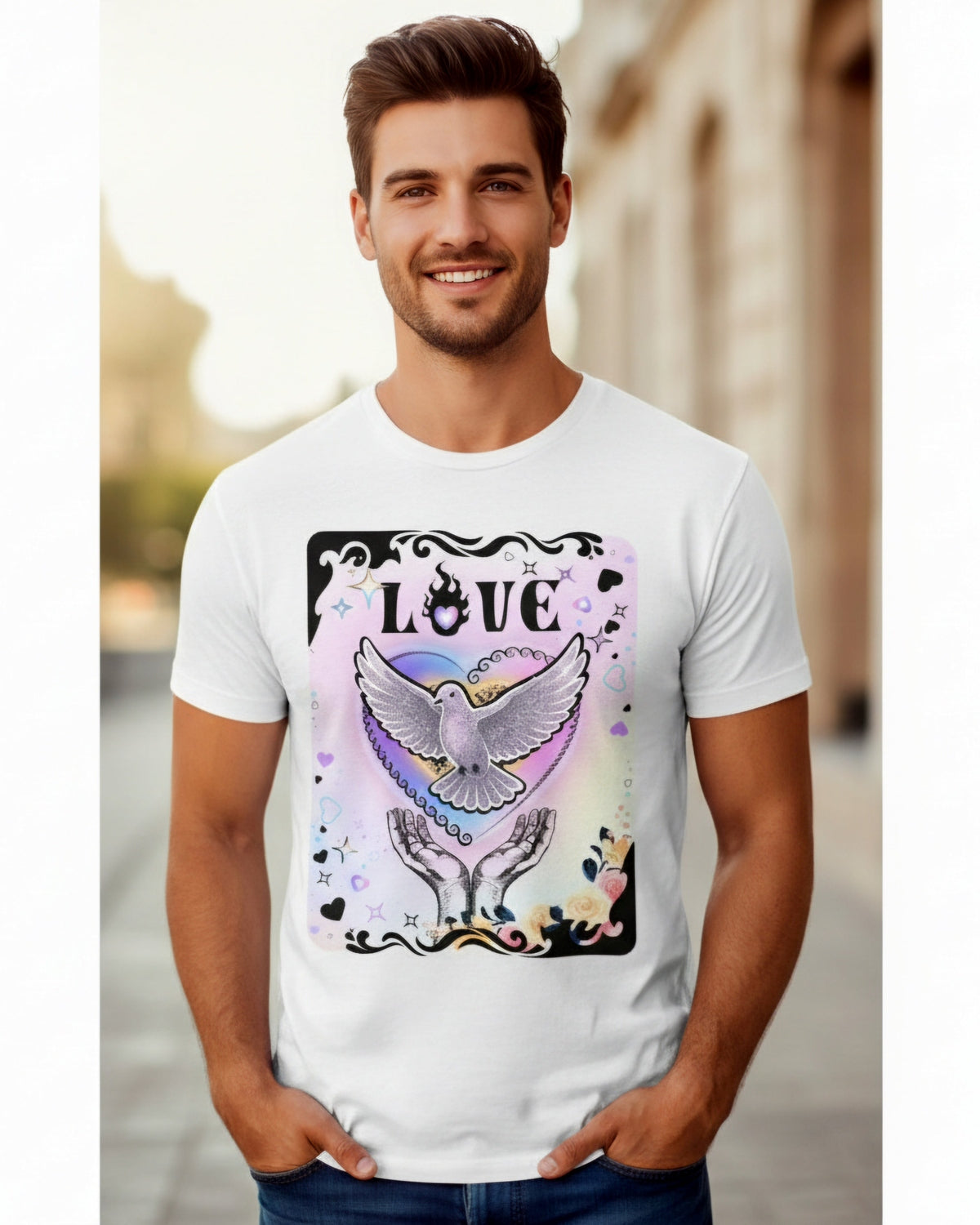 Man wearing a white tshirt with vibrant pink and purple pastel colours, flowers and a pigeon coming out of hands with the text Love in urban settings