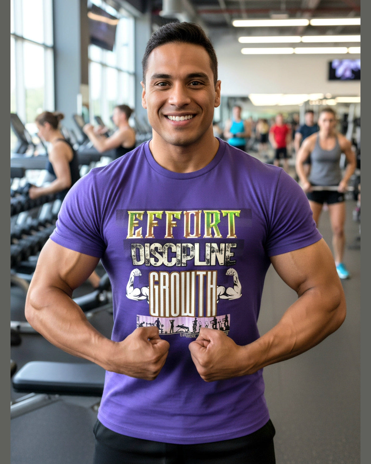Man in a gym wearing a purple t-shirt with motivational fitness text 