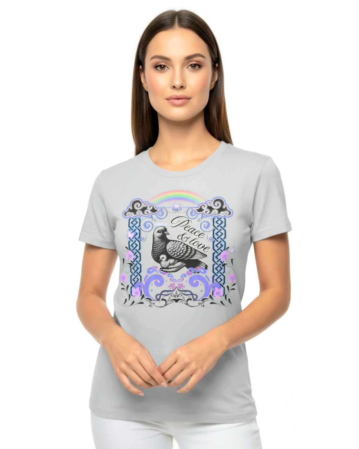 Woman wearing a gray t-shirt with a graphic dove design and a text Peace & Love on a white background