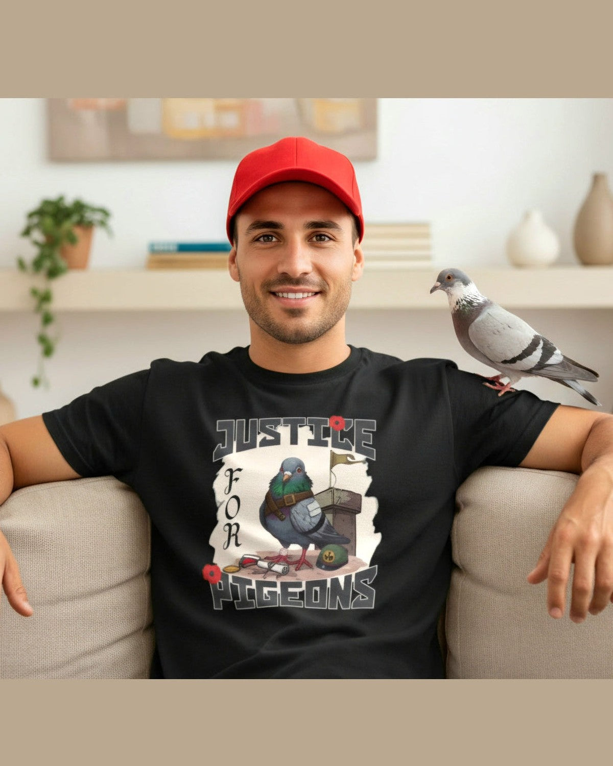 Man wearing a black t-shirt with a pigeon graphic and text Justice for Pigeons, sitting on a couch with a pigeon on his shoulder.