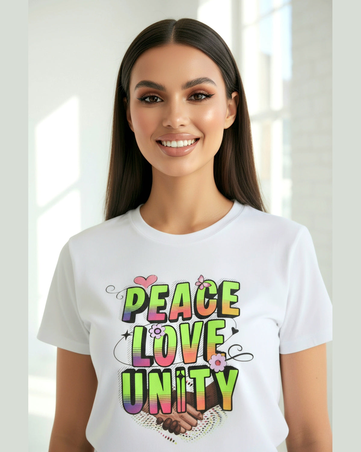 Woman wearing a white t-shirt with floral 'Peace Love Unity' design.