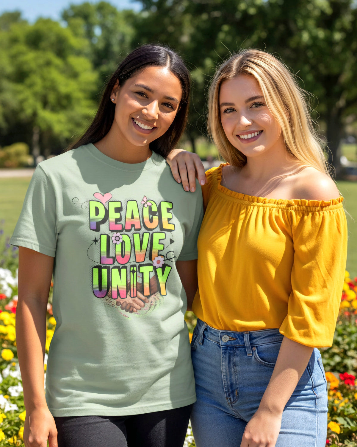 Two women standing outdoors with one wearing a t-shirt with 'Peace Love Unity' text.