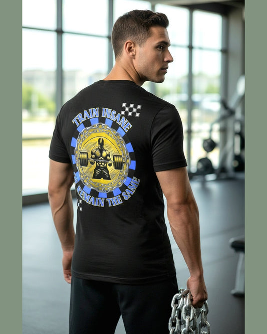 Man wearing black tshirt with Motivational Fitness quote Train Insane or Remain the same in a fitness settings 