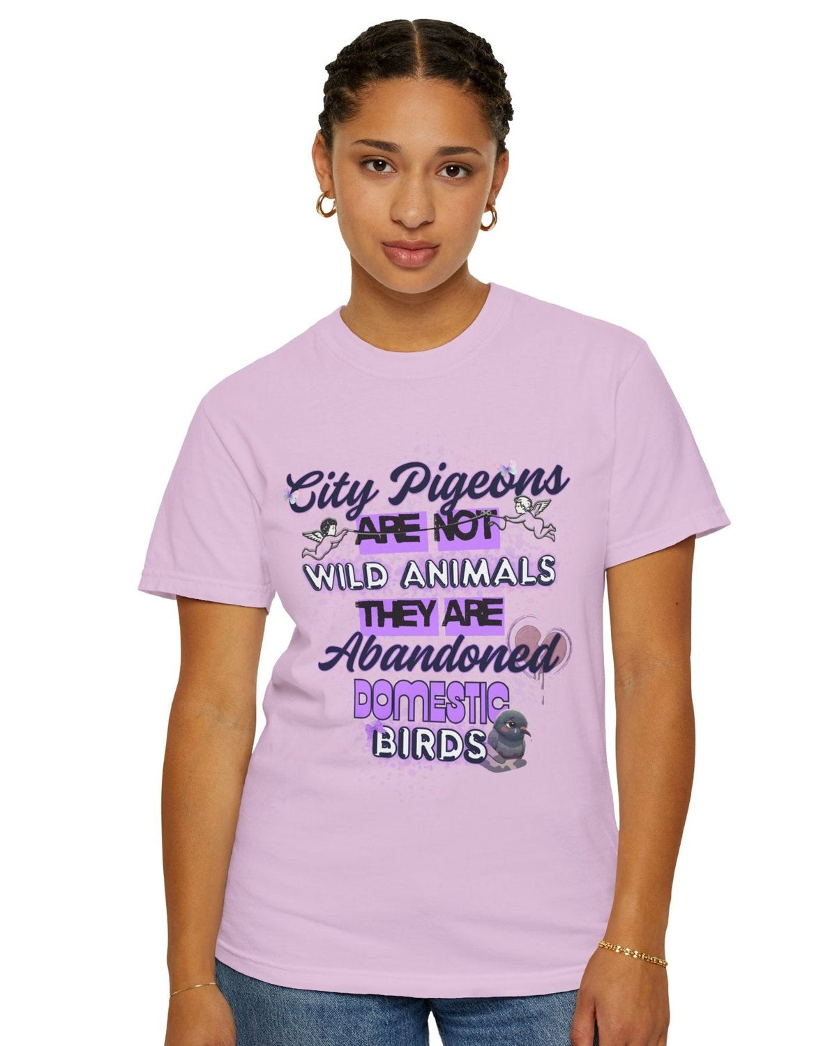 Person wearing a light purple t-shirt with a pigeon text on a white background
