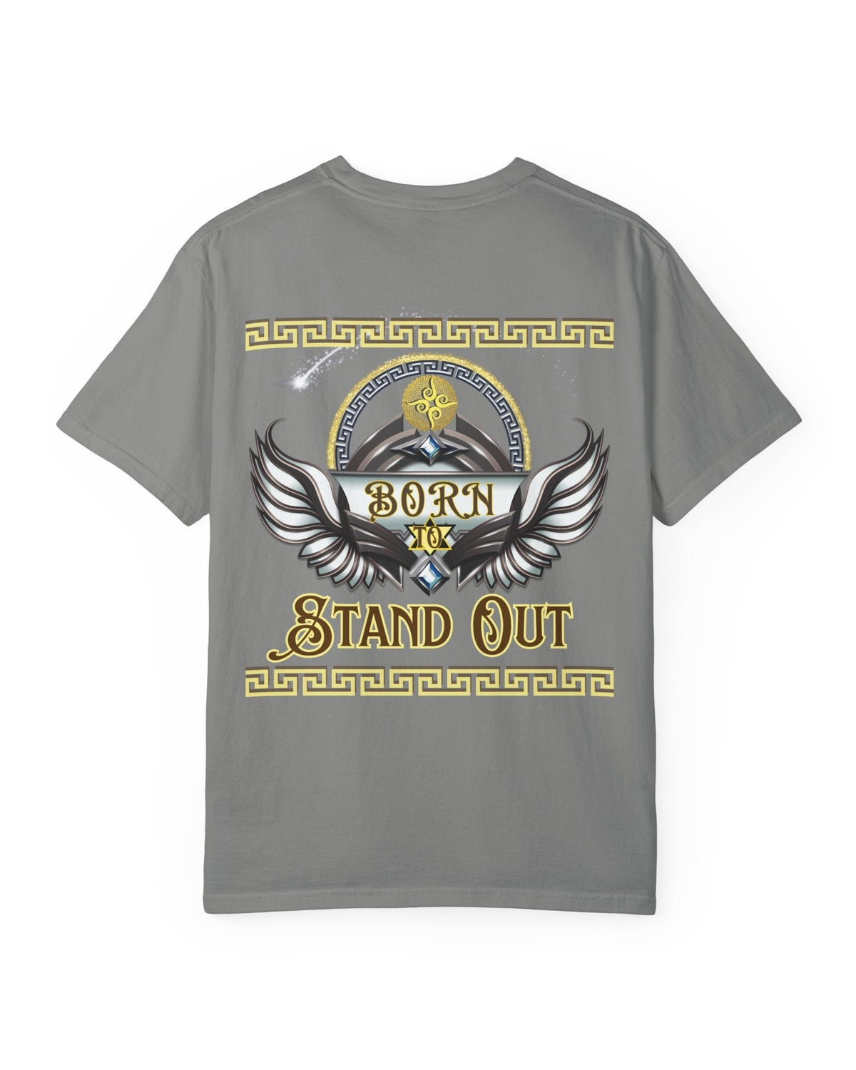 Grey t-shirt with a design on the back featuring wings and text Born to Stand Out on a white background