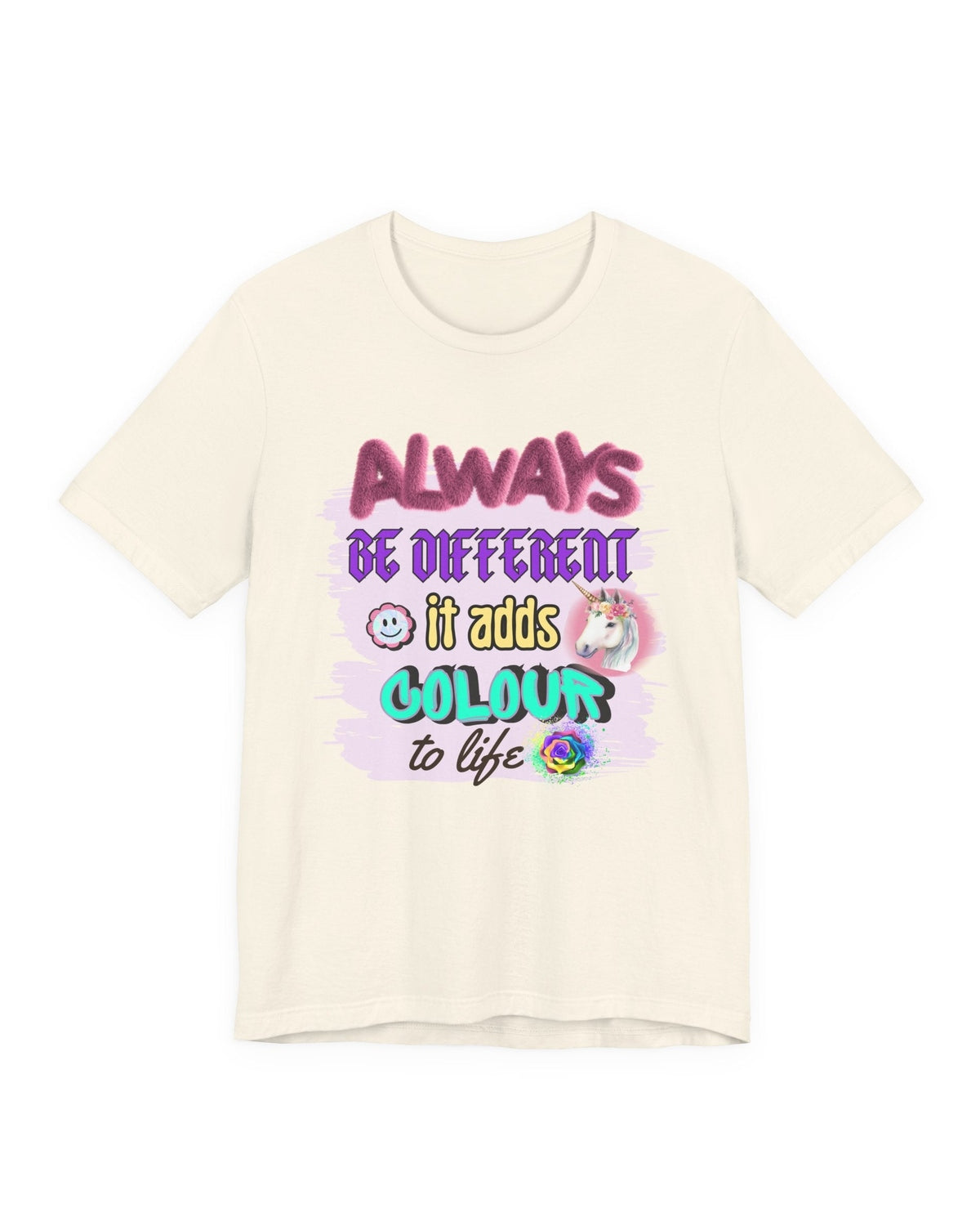 Soft yellow t-shirt with colorful text and graphics on a white background