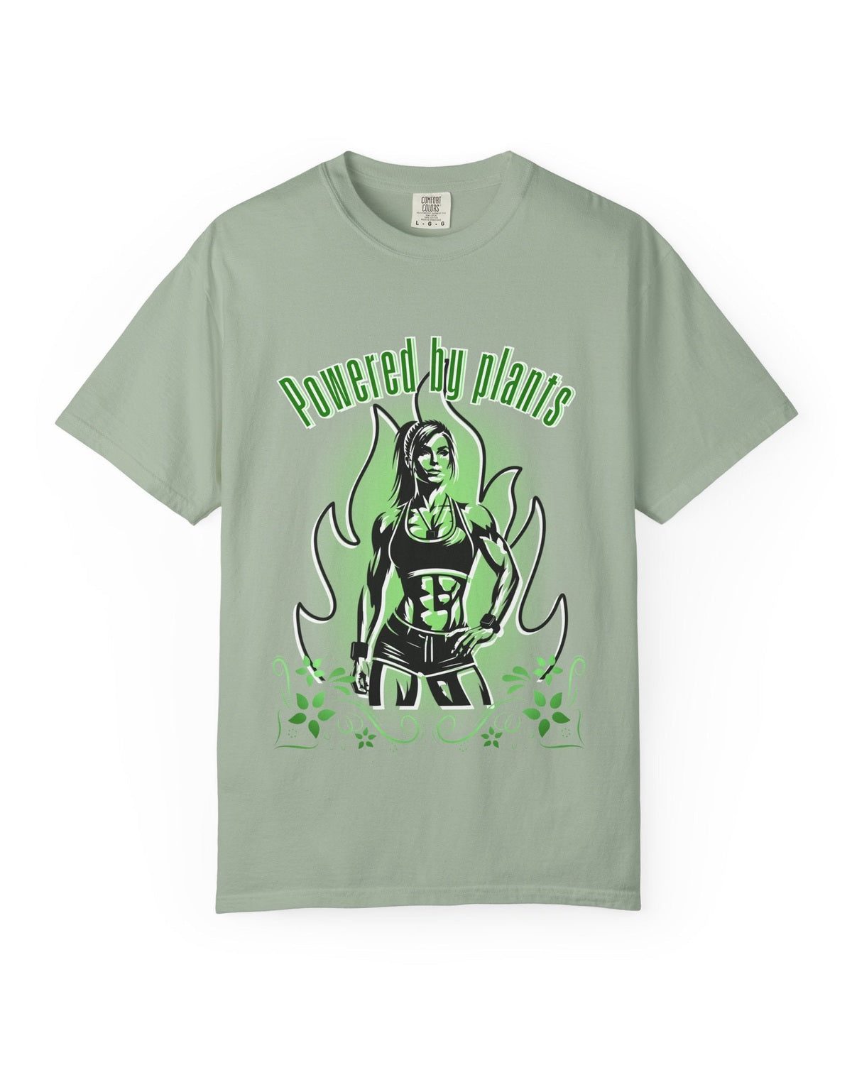 Light green t-shirt with a graphic design of a  fitness woman and text 'Powered by plants' on a white background
