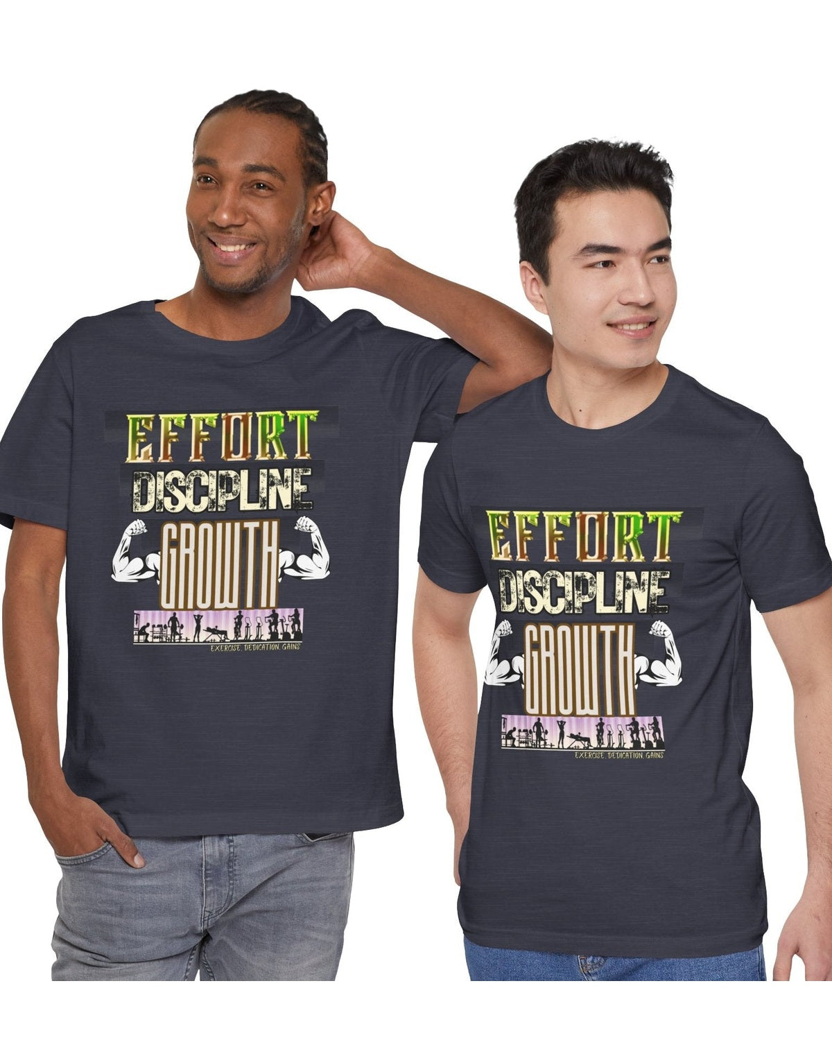 Two men wearing dark navy t-shirt with motivational gym text 'Effort Discipline Growth' and flexing arms graphic on a white background