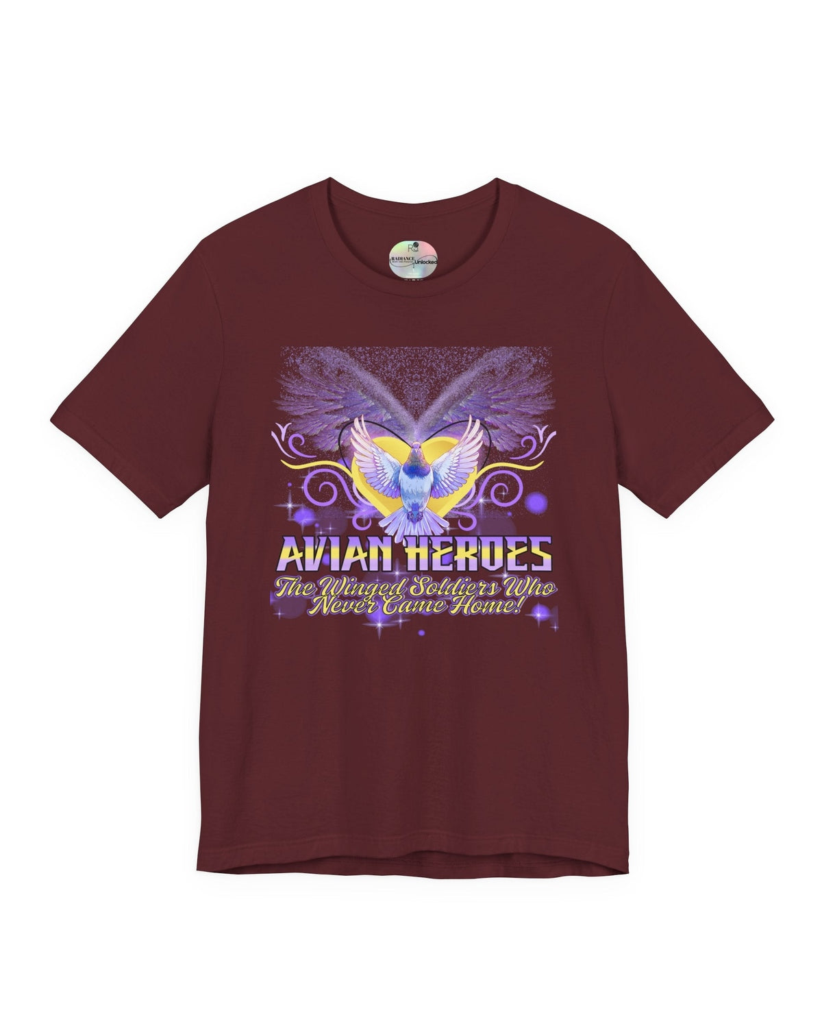 Maroon t-shirt with a colorful graphic of an pigeon in golden heart and text Avian Heroes on a white background