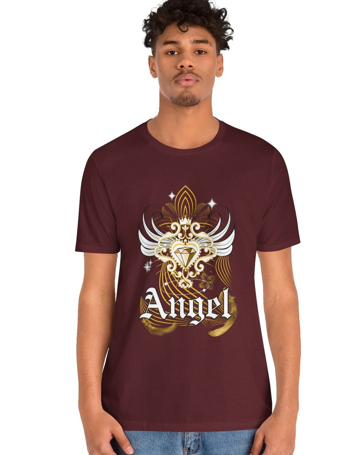 Man wearing a maroon t-shirt with an angel design and 'Angel' text on a white background