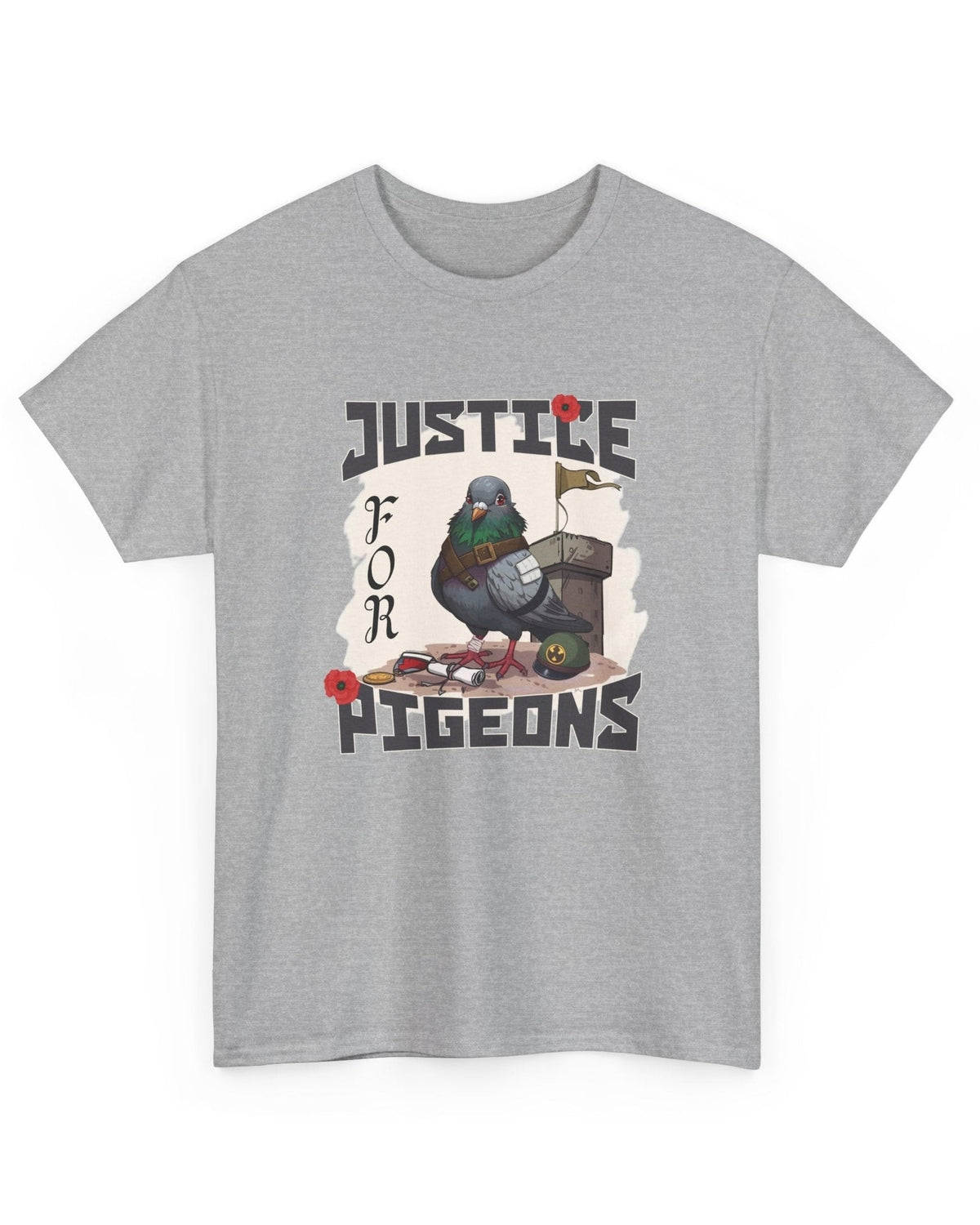 Gray t-shirt with a graphic of a pigeon and text 'Justice for Pigeons' on a white background