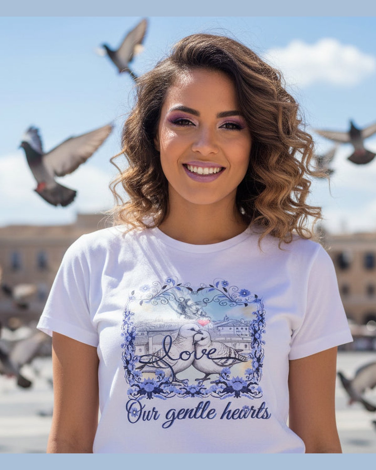 Woman wearing a white t-shirt with a pigeon graphic design in an urban setting