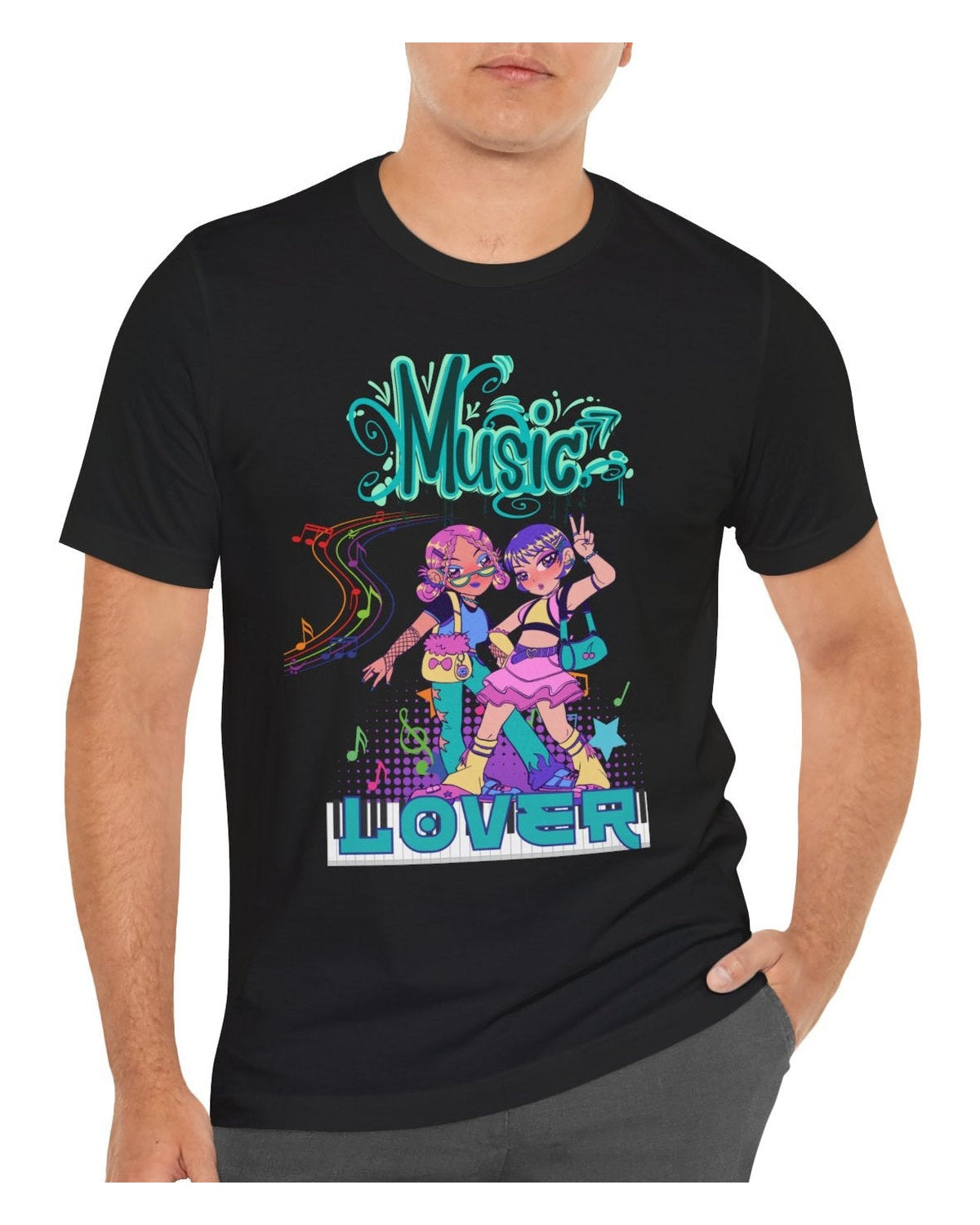 Man wearing a black t-shirt with colorful graphic design featuring two dancing Anime girls and a text Music Lover on a white background