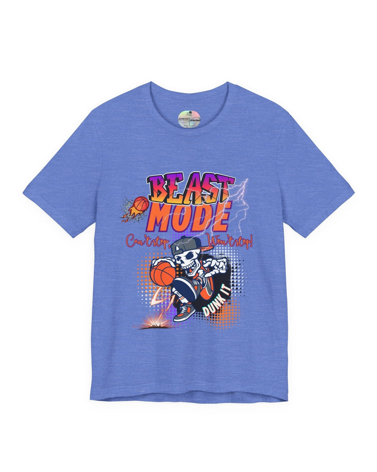 Blue t-shirt with 'Beast Mode Cant Stop Wont Stop' graphic design with a basketball skeleton player on a white background