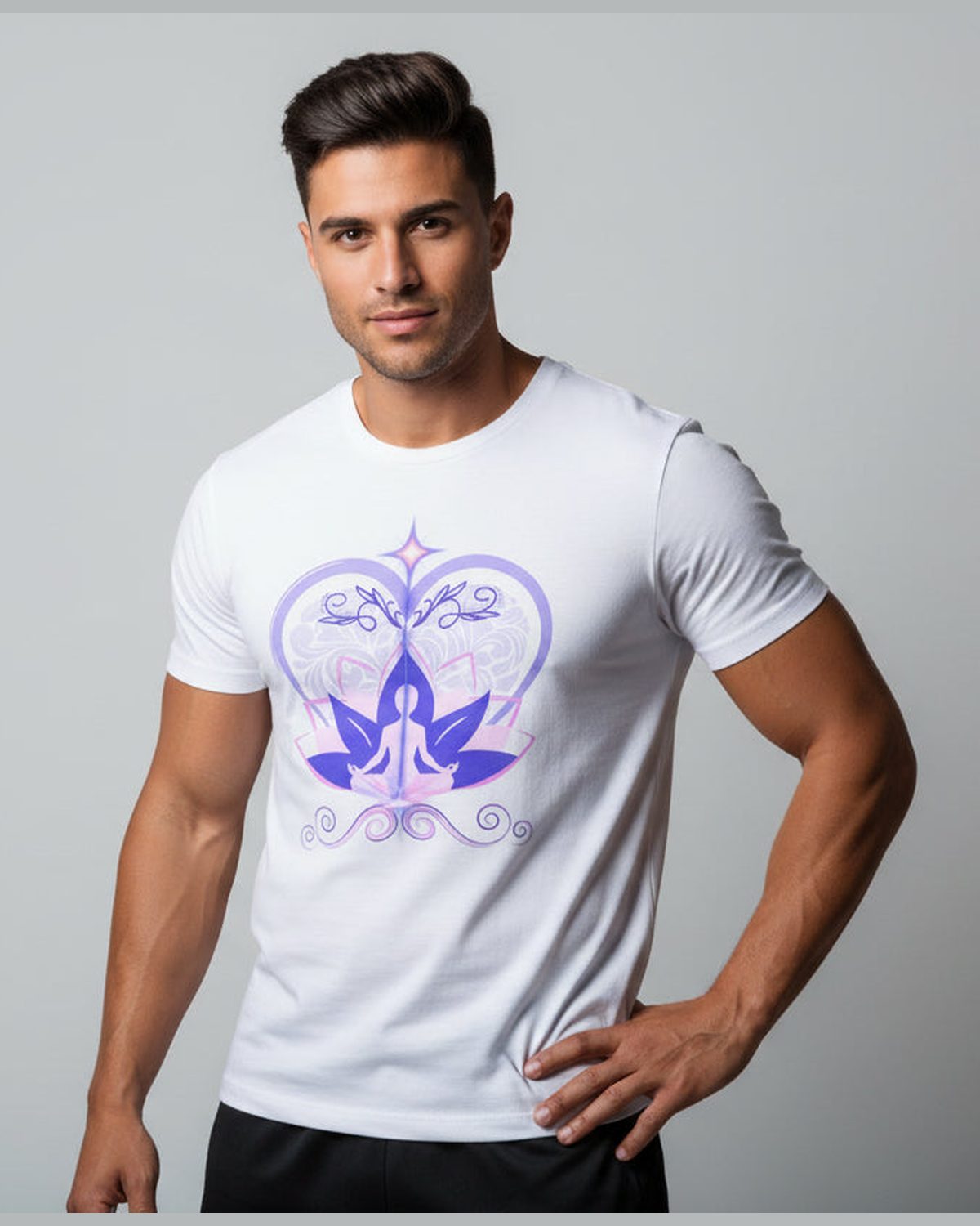 White t-shirt with a purple and pink design of a meditating figure, heart and lotus on a white background