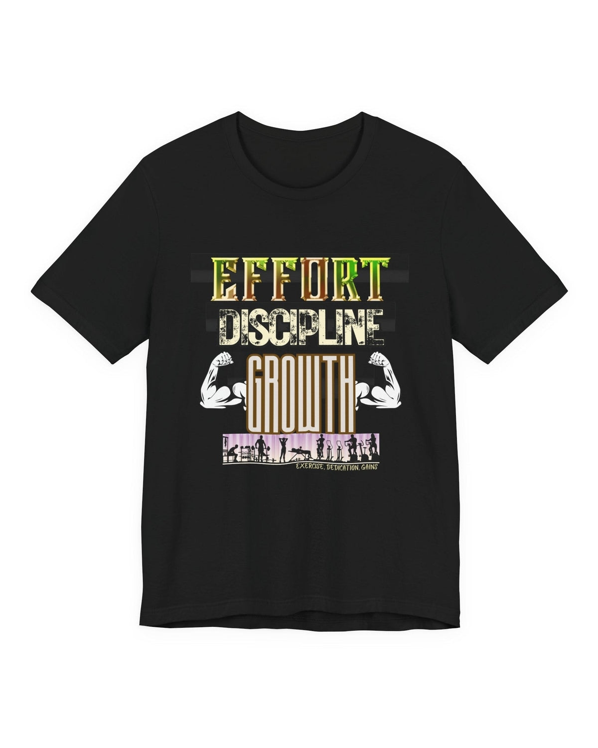 Black t-shirt with motivational gym text 'Effort Discipline Growth' and flexing arms graphic on a white background