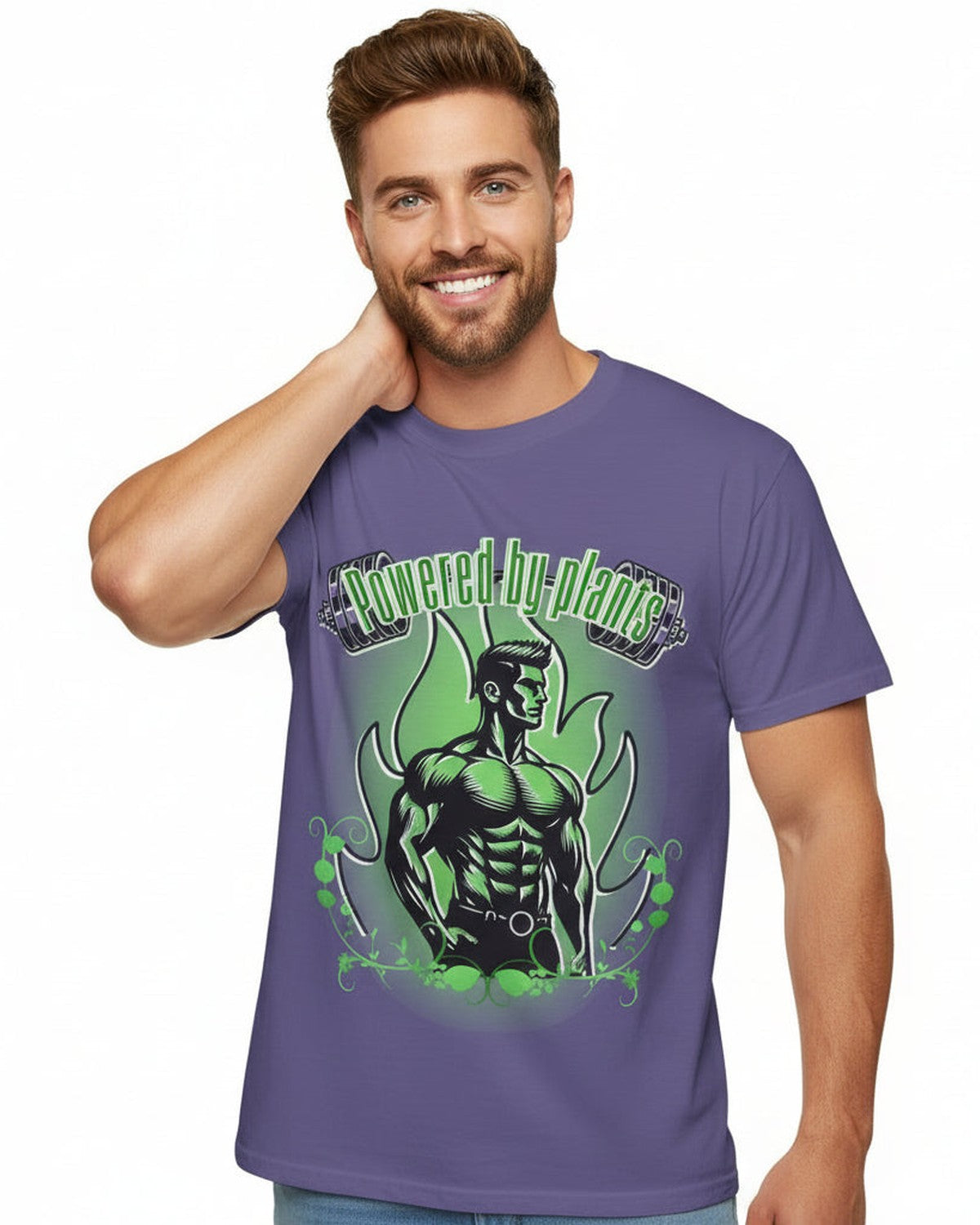 Man wearing a purple t-shirt with a green vegan muscle man graphic design and a text Powered by Plants on a white background