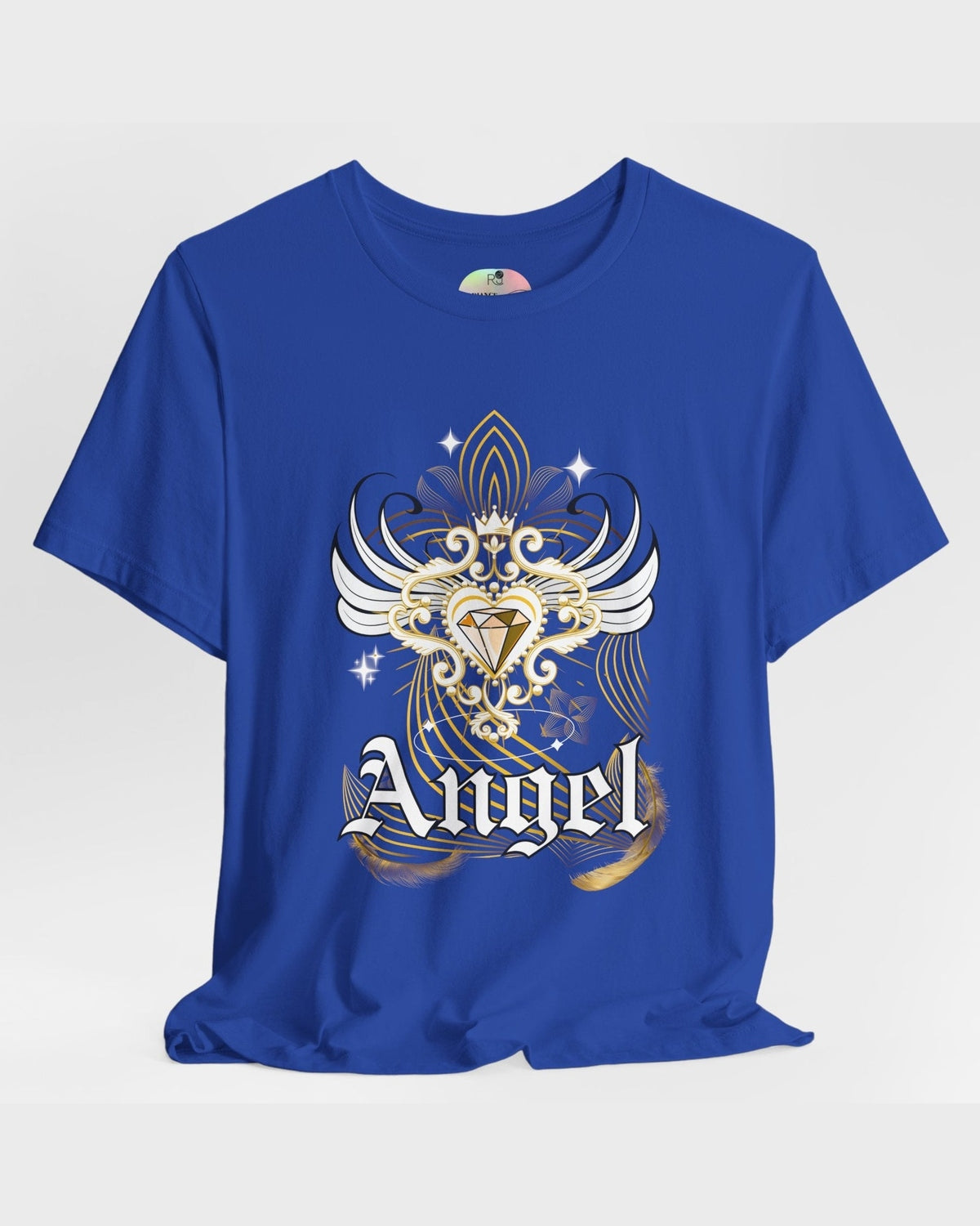 Blue t-shirt with 'Angel' design on a white background