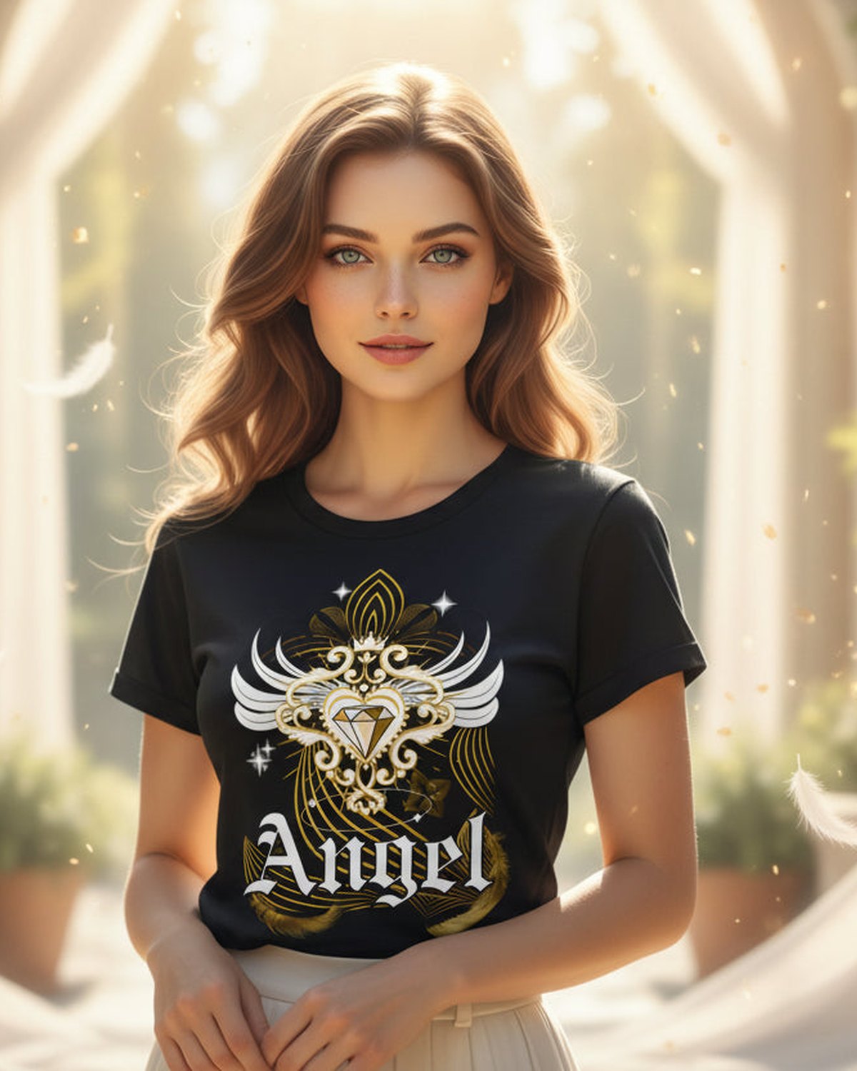 Woman wearing Black t-shirt with angel design,  gold diamond and 'Angel' text on a beautiful background