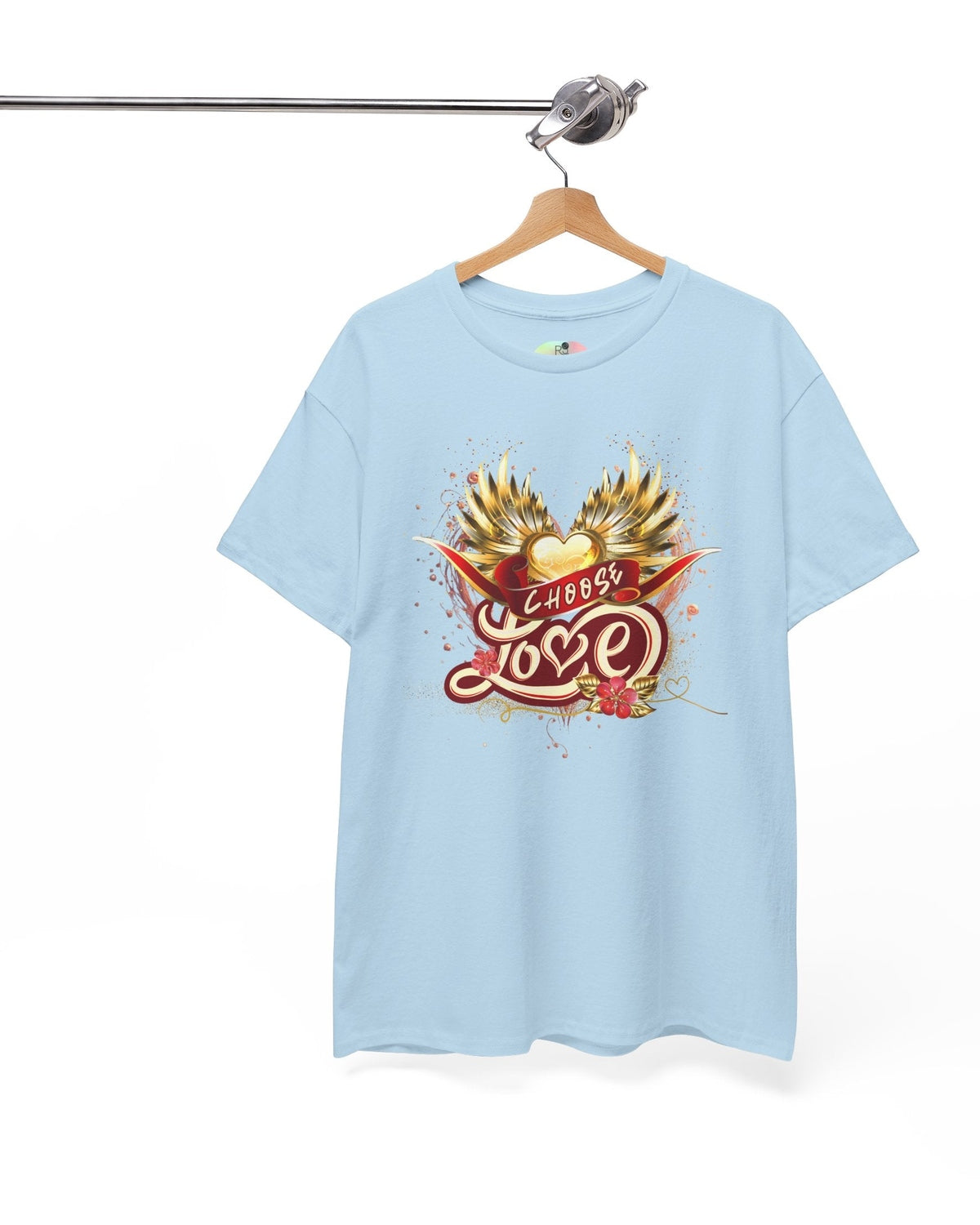 Light blue t-shirt with a colorful graphic design and Choose Love text on a hanger against a white background