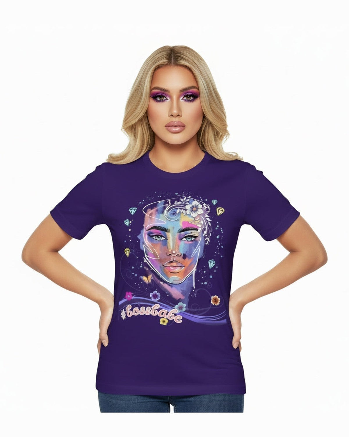 Woman wearing a purple t-shirt with a colorful graphic design of a female face, diamonds and flowers and a text #bossbabe on a white background