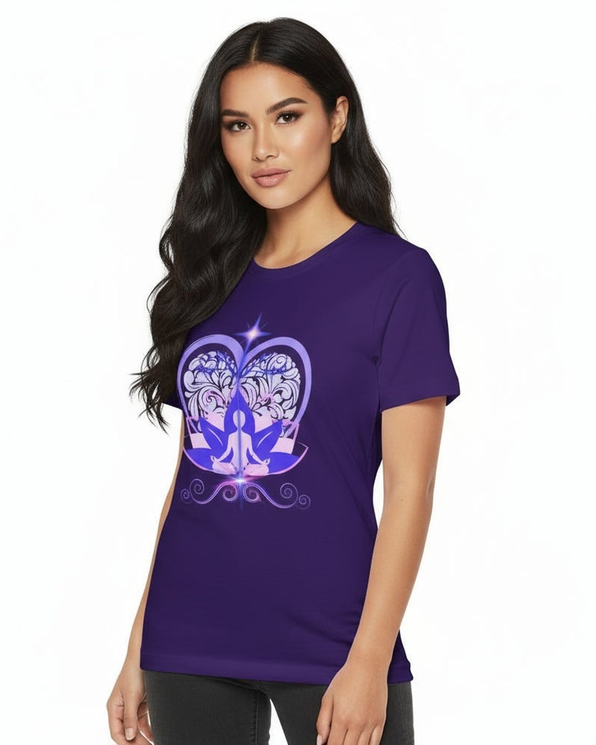 Woman wearing a dark purple t-shirt with a heart-shaped design, a meditating figure and lotus on a white background