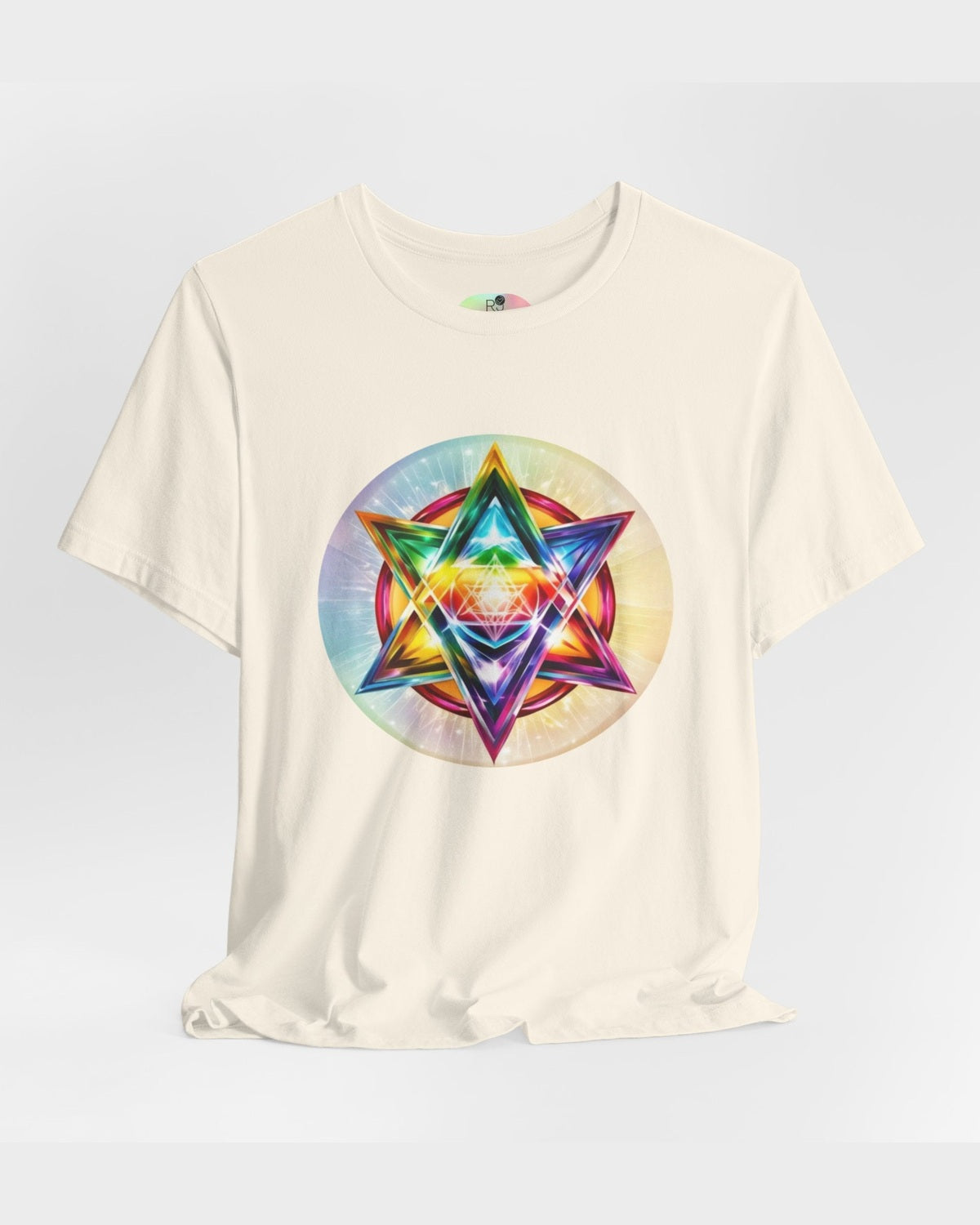 Beige t-shirt with a colorful Merkaba design on a light gray background
